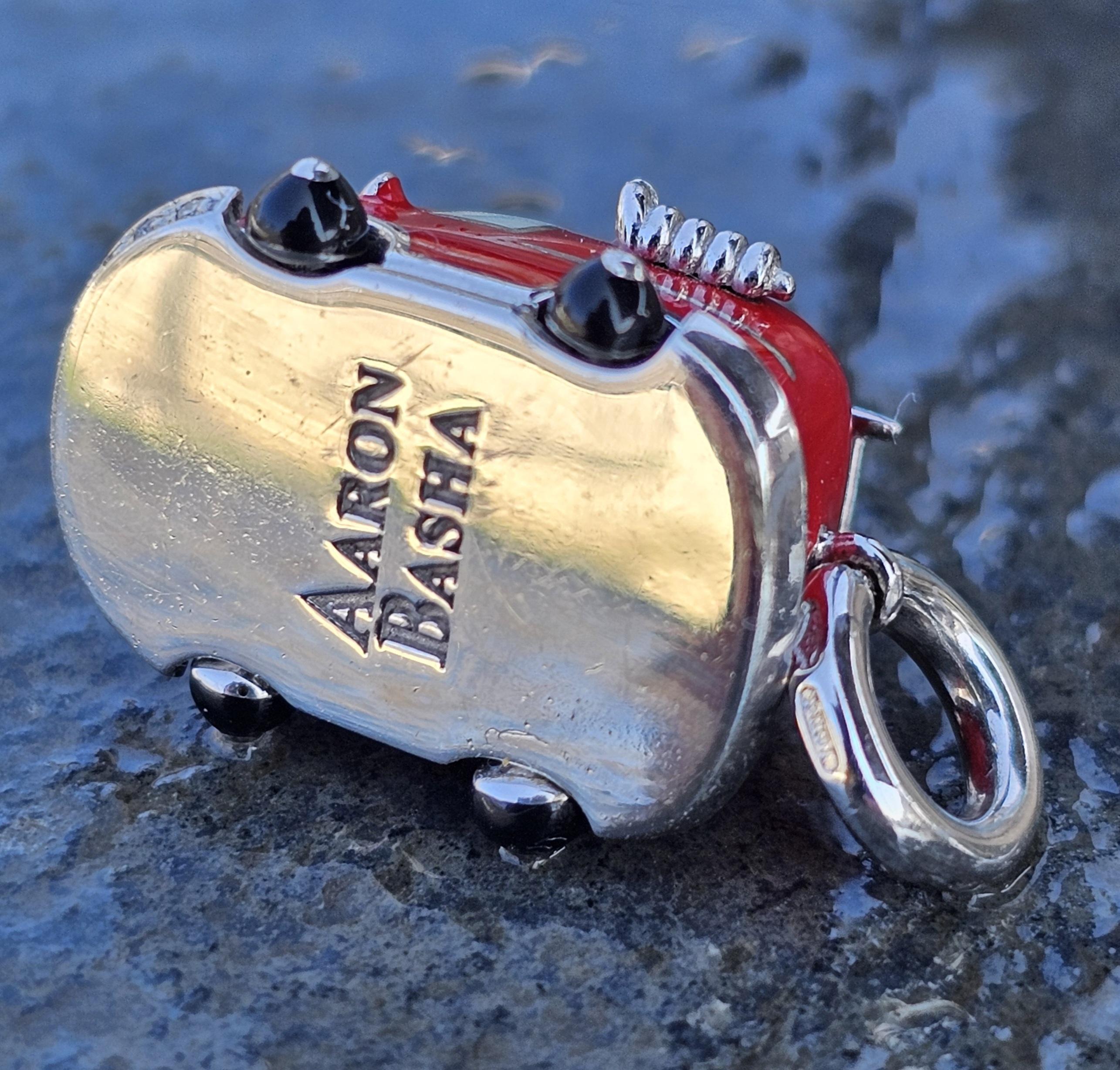 Aaron Basha Fire Truck Charm Pendant Diamond 18k White Gold Enamel Moving Ladder For Sale 1