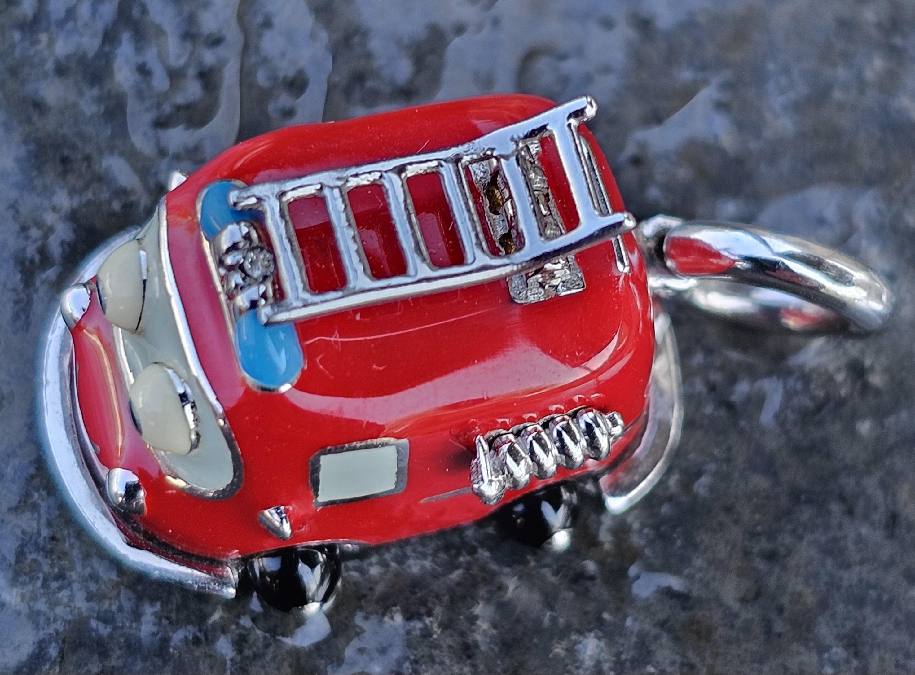 Aaron Basha Fire Truck Charm Pendant Diamond 18k White Gold Enamel Moving Ladder For Sale 2