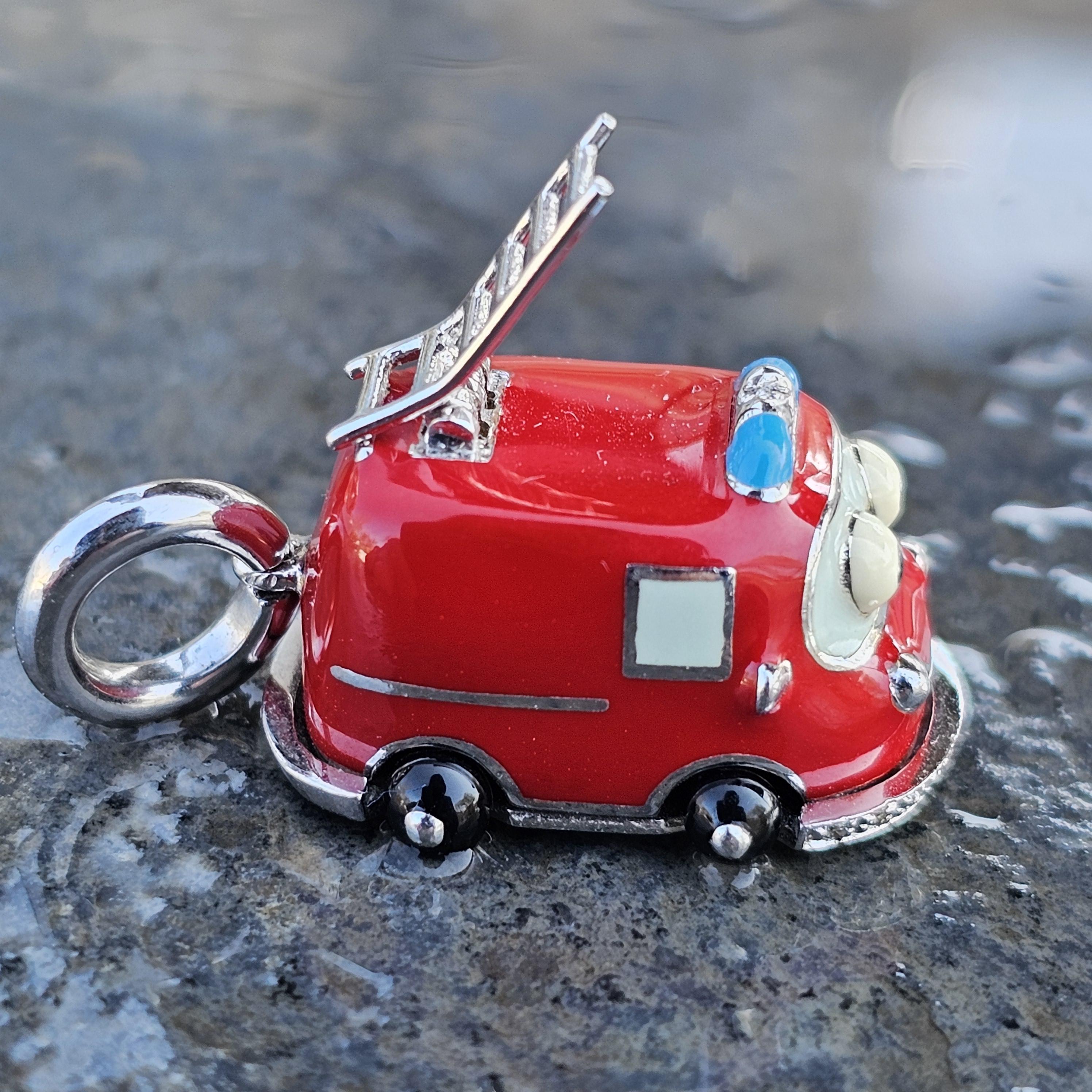 Aaron Basha Fire Truck Charm Pendant Diamond 18k White Gold Enamel Moving Ladder For Sale 3