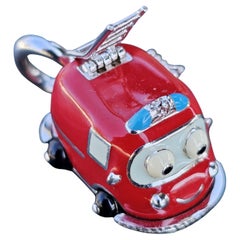 Aaron Basha Fire Truck Charm Pendant Diamond 18k White Gold Enamel Moving Ladder