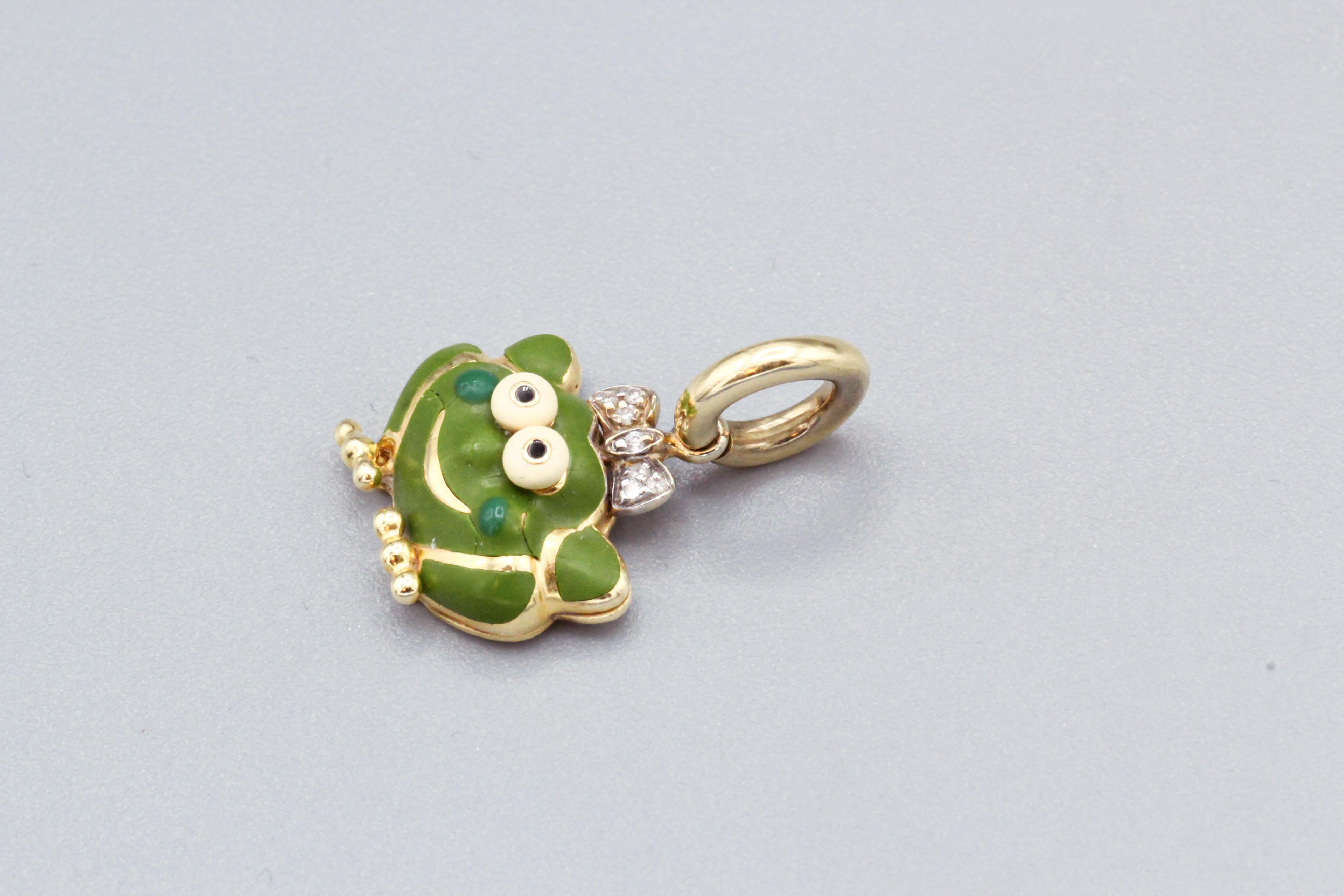 Brilliant Cut Aaron Basha Frog Princess Diamond Enamel 18 Karat Gold Charm Pendant