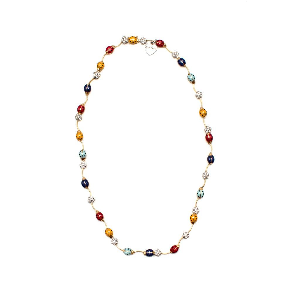 Aaron Basha Ladybird & Diamond 18kt Yellow Gold Necklace

-Gorgeous 18kt yellow gold 
-Features 21 enamel ladybug charms in a variety of colors (red, yellow, baby blue, dark blue) linked by gold curved bar links. 
-14 stunning diamond flower