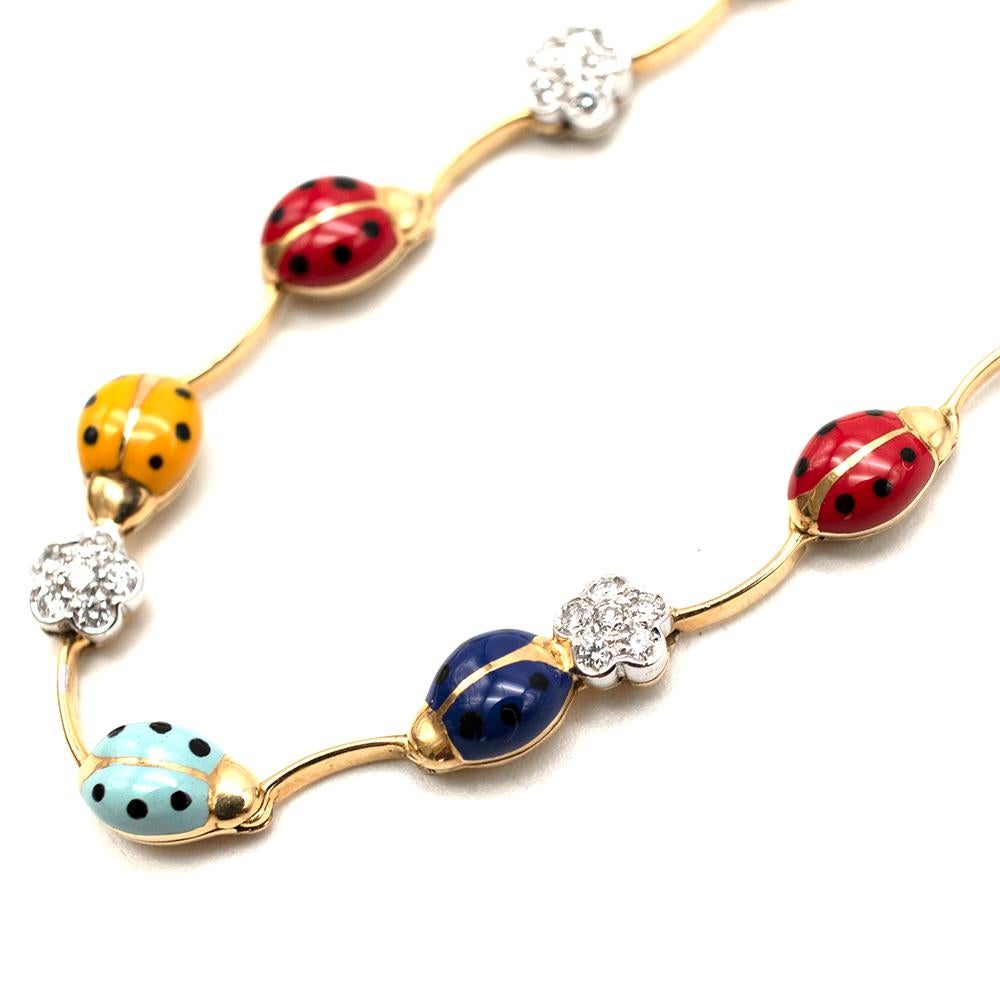 Round Cut Aaron Basha Ladybird & Diamond 18kt Yellow Gold Necklace For Sale