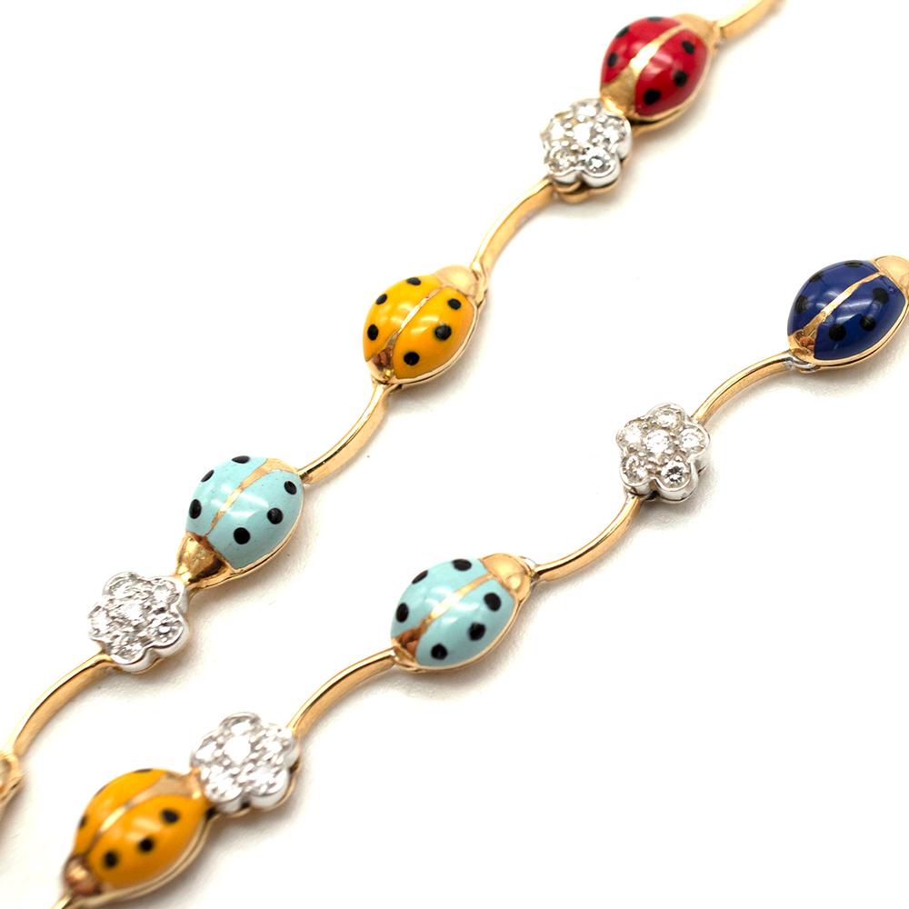 Aaron Basha Ladybird & Diamond 18kt Yellow Gold Necklace In Excellent Condition For Sale In London, GB