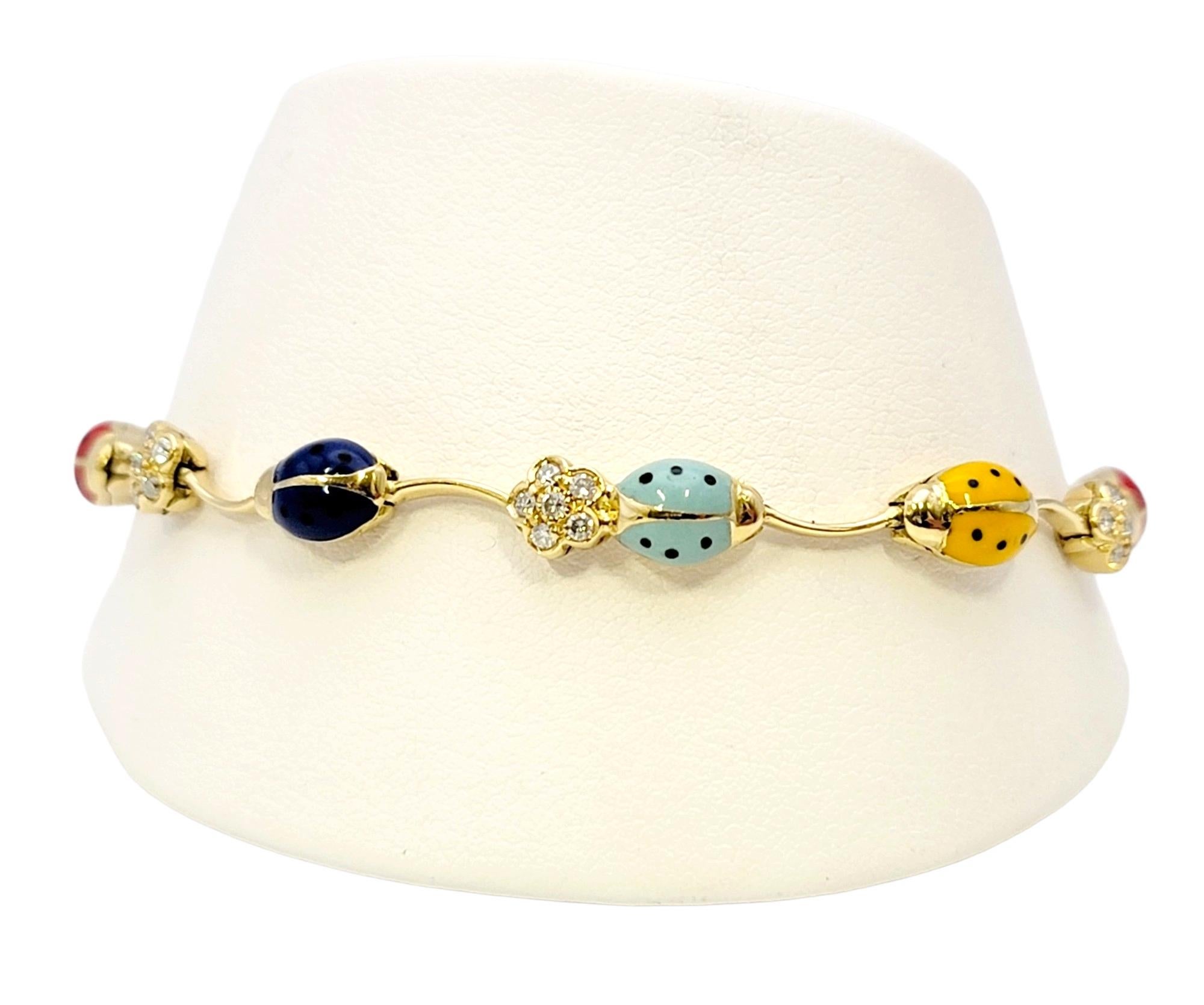 Aaron Basha Multicolor Enamel Ladybug Station Bracelet with Pave Diamond Flowers For Sale 1