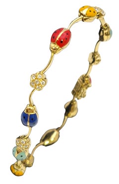 Aaron Basha Multicolor Enamel Ladybug Station Bracelet with Pave Diamond Flowers
