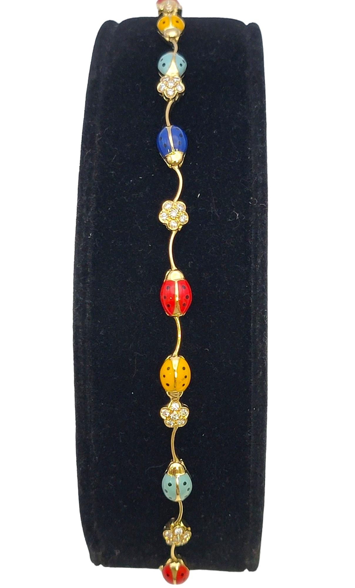 Women's or Men's Aaron Basha Multicolor Enamel Ladybug Station Bracelet with Pave Diamond Flowers For Sale