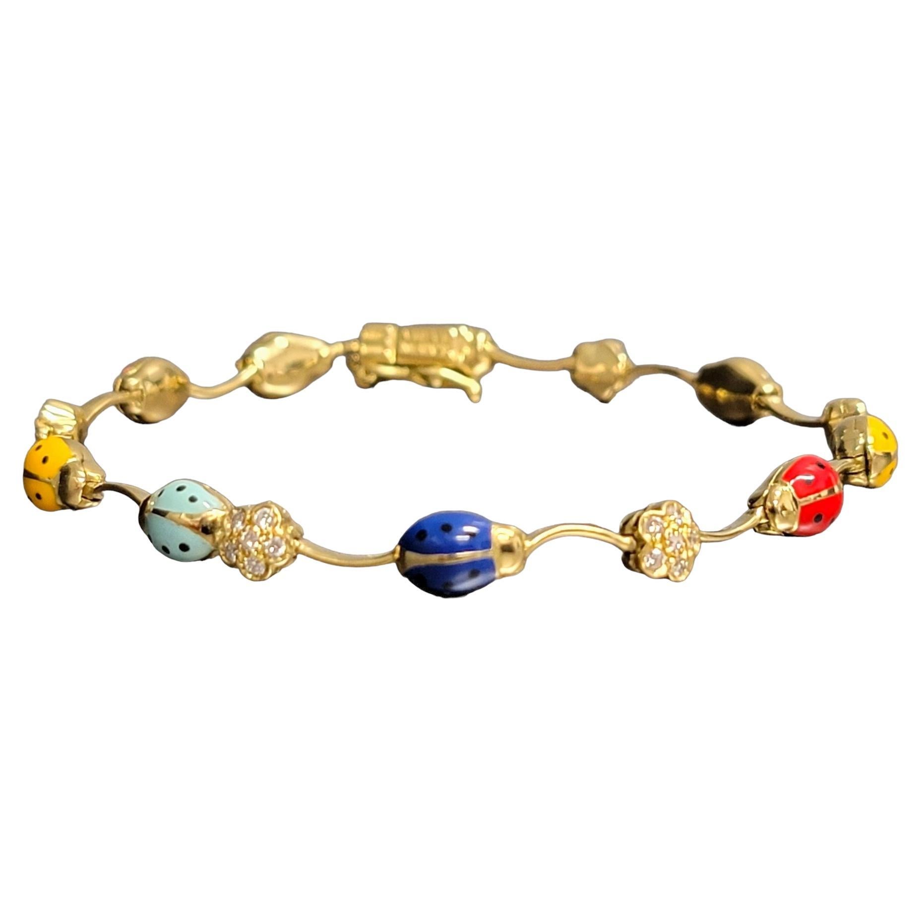 Aaron Basha Multicolor Enamel Ladybug Station Bracelet with Pave Diamond Flowers For Sale
