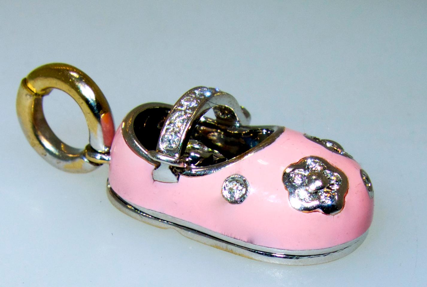 Contemporary Aaron Basha Pink Enamel and Diamond Baby Shoe Pendant
