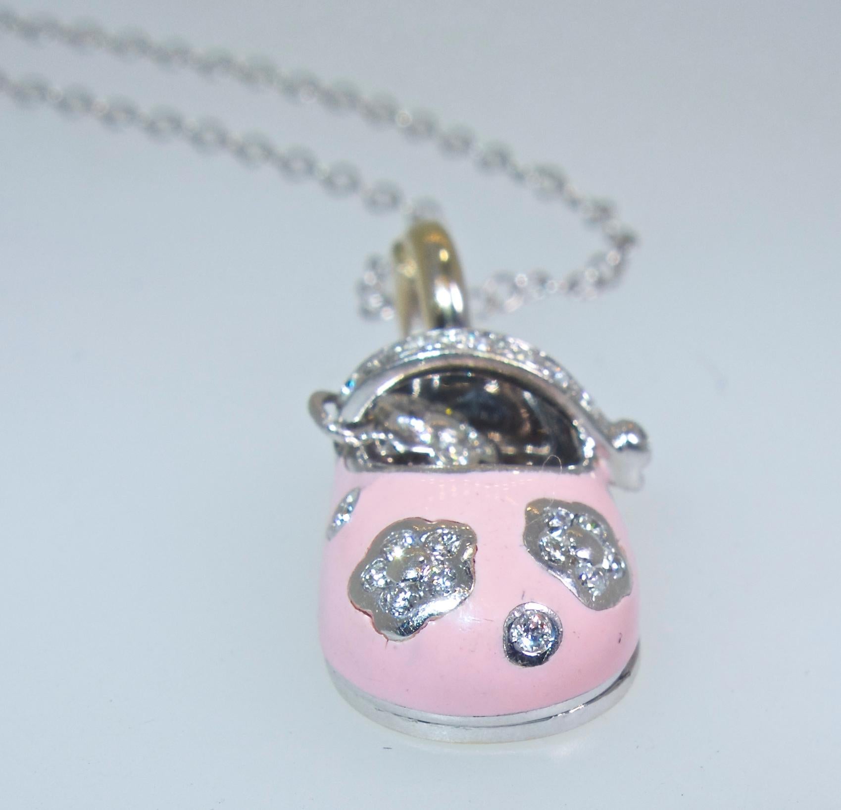 Aaron Basha Pink Enamel and Diamond Baby Shoe Pendant In Excellent Condition In Aspen, CO