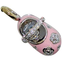 Aaron Basha Pink Enamel and Diamond Baby Shoe Pendant