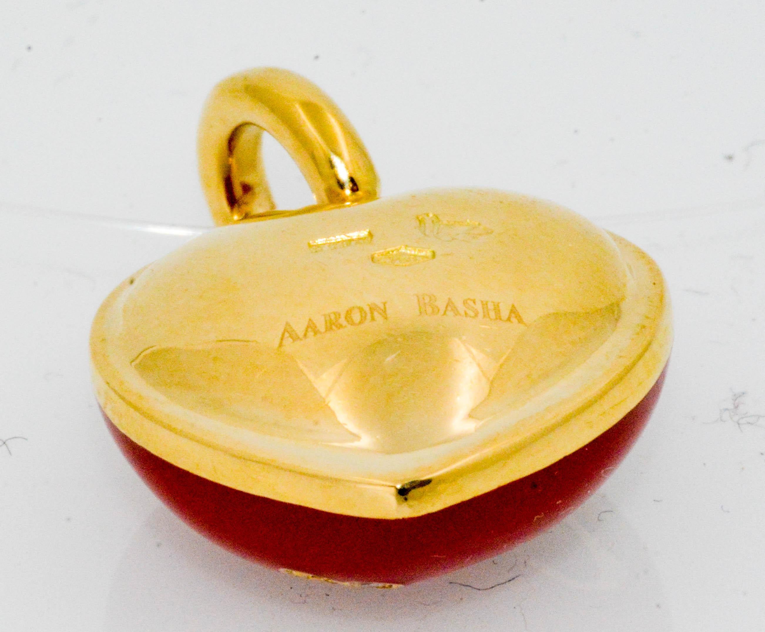 Aaron Basha Red Enamal Heart 14 Karat Yellow Gold .14 Carat Diamond Charm In Excellent Condition In Dallas, TX