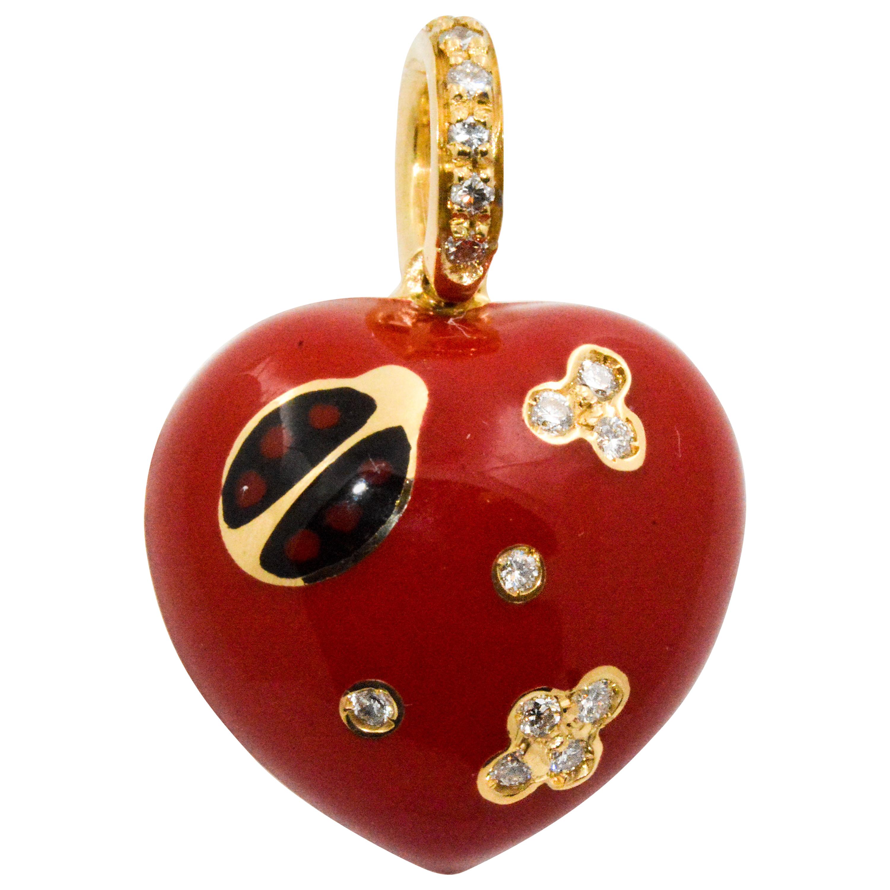 Aaron Basha Red Enamal Heart 14 Karat Yellow Gold .14 Carat Diamond Charm