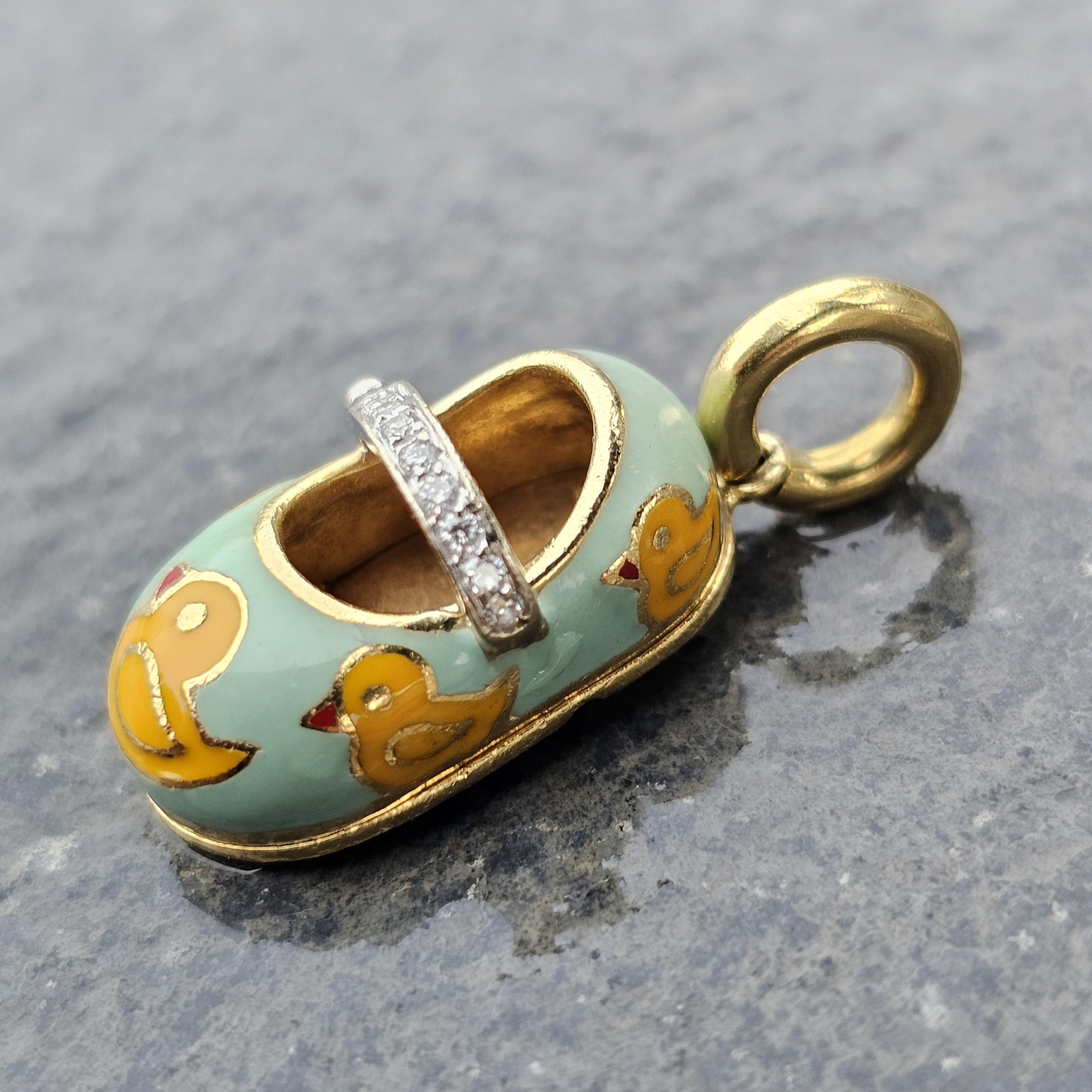 Aaron Basha Rubber Duckie Enamel Diamond Shoe Charm Pendant 18k yellow Gold 3000 5