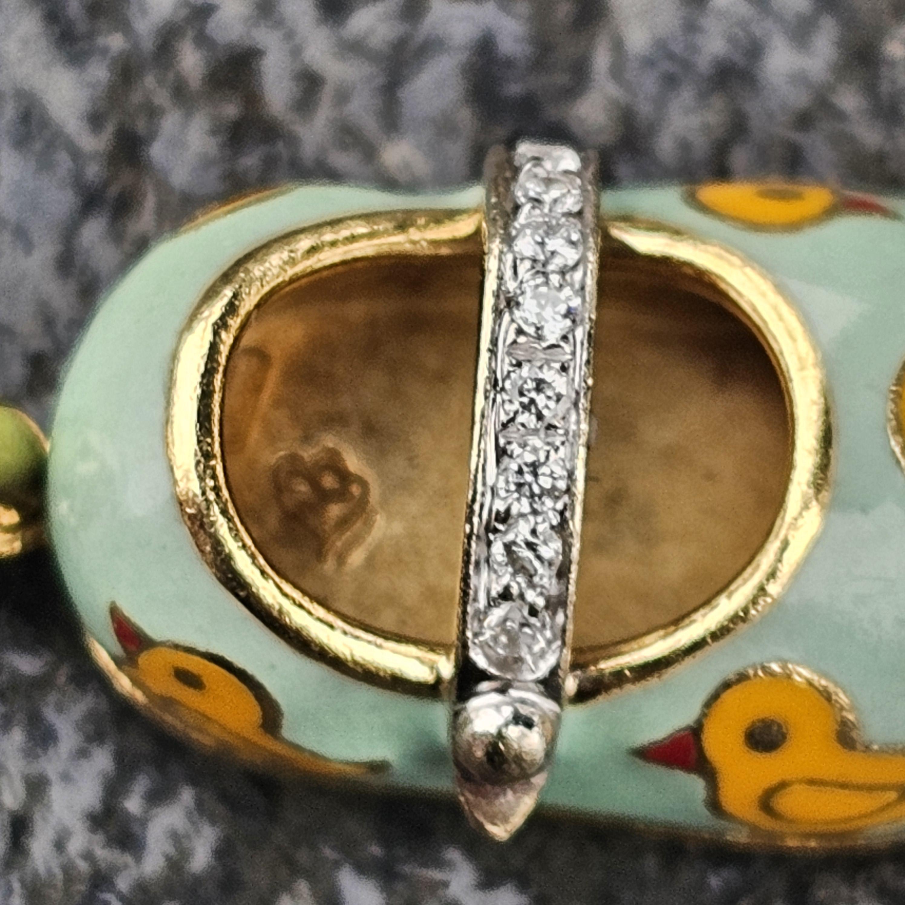 Round Cut Aaron Basha Rubber Duckie Enamel Diamond Shoe Charm Pendant 18k yellow Gold 3000