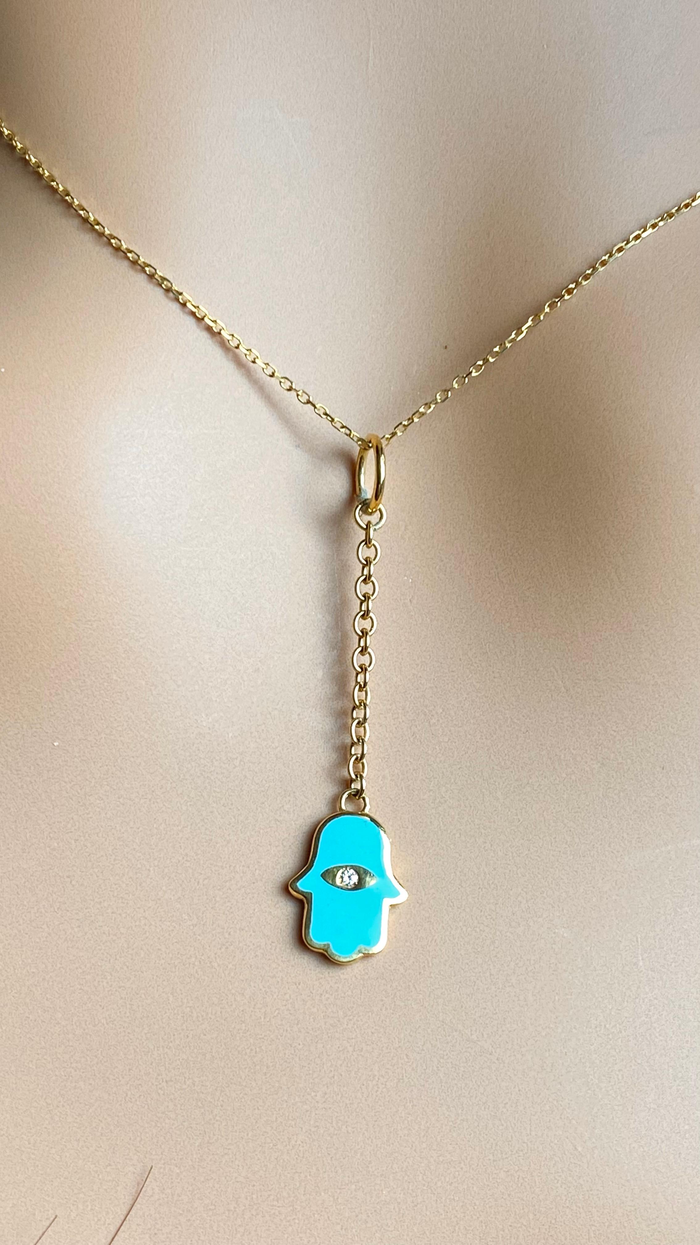 Moderno Aaron Basha Ciondolo vintage in oro giallo 18 carati con diamanti e smalto turchese Hamsa in vendita