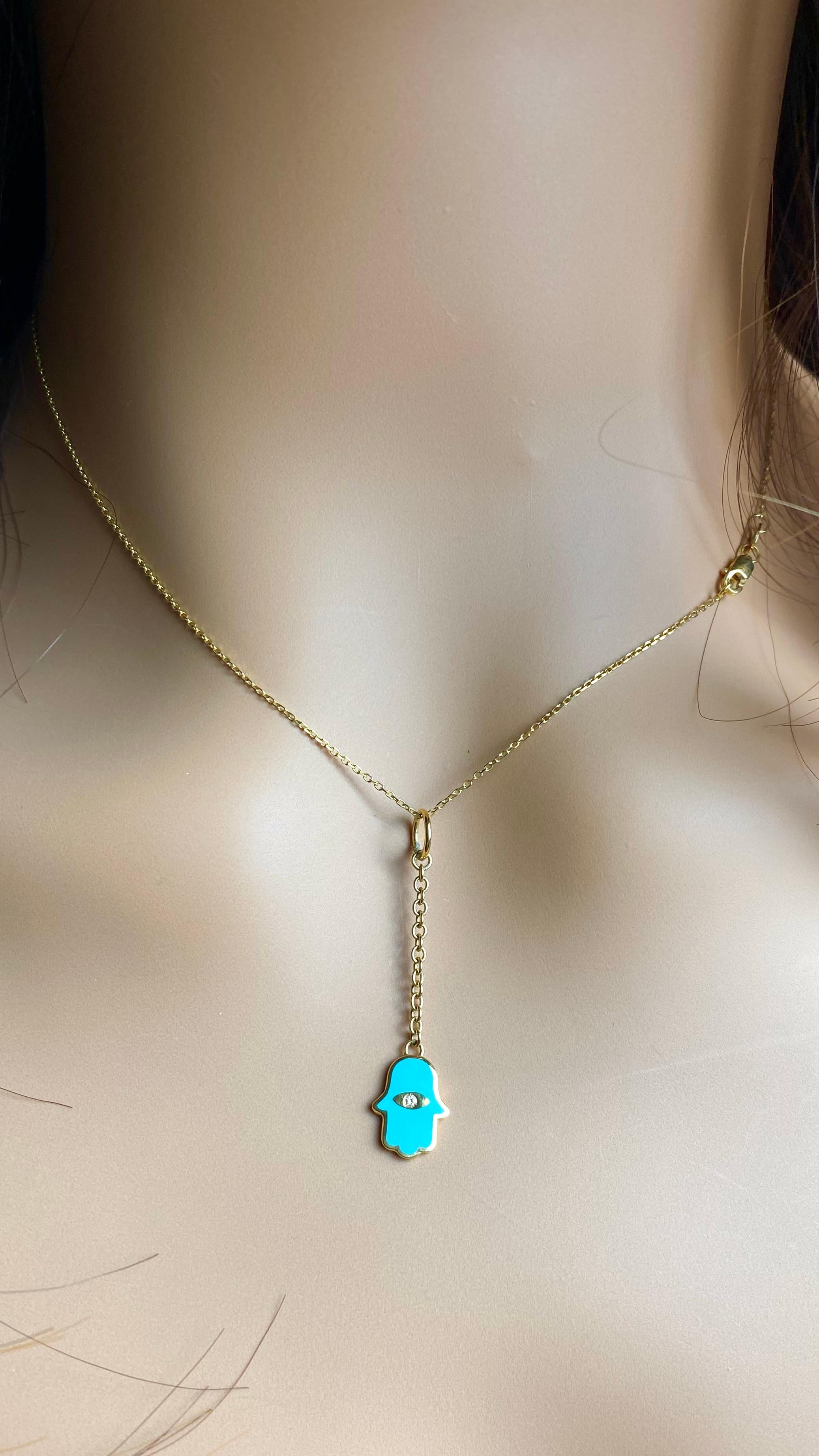 Aaron Basha Ciondolo vintage in oro giallo 18 carati con diamanti e smalto turchese Hamsa In condizioni buone in vendita a New York, NY