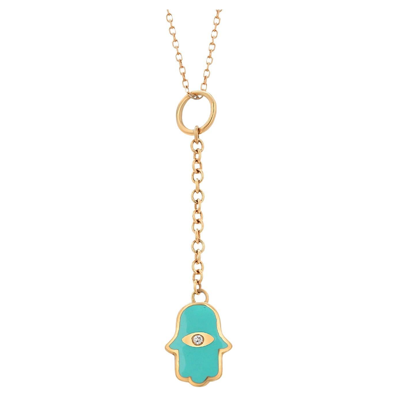 Aaron Basha Pendentif Hamsa vintage en or jaune 18 carats, diamants et émail turquoise