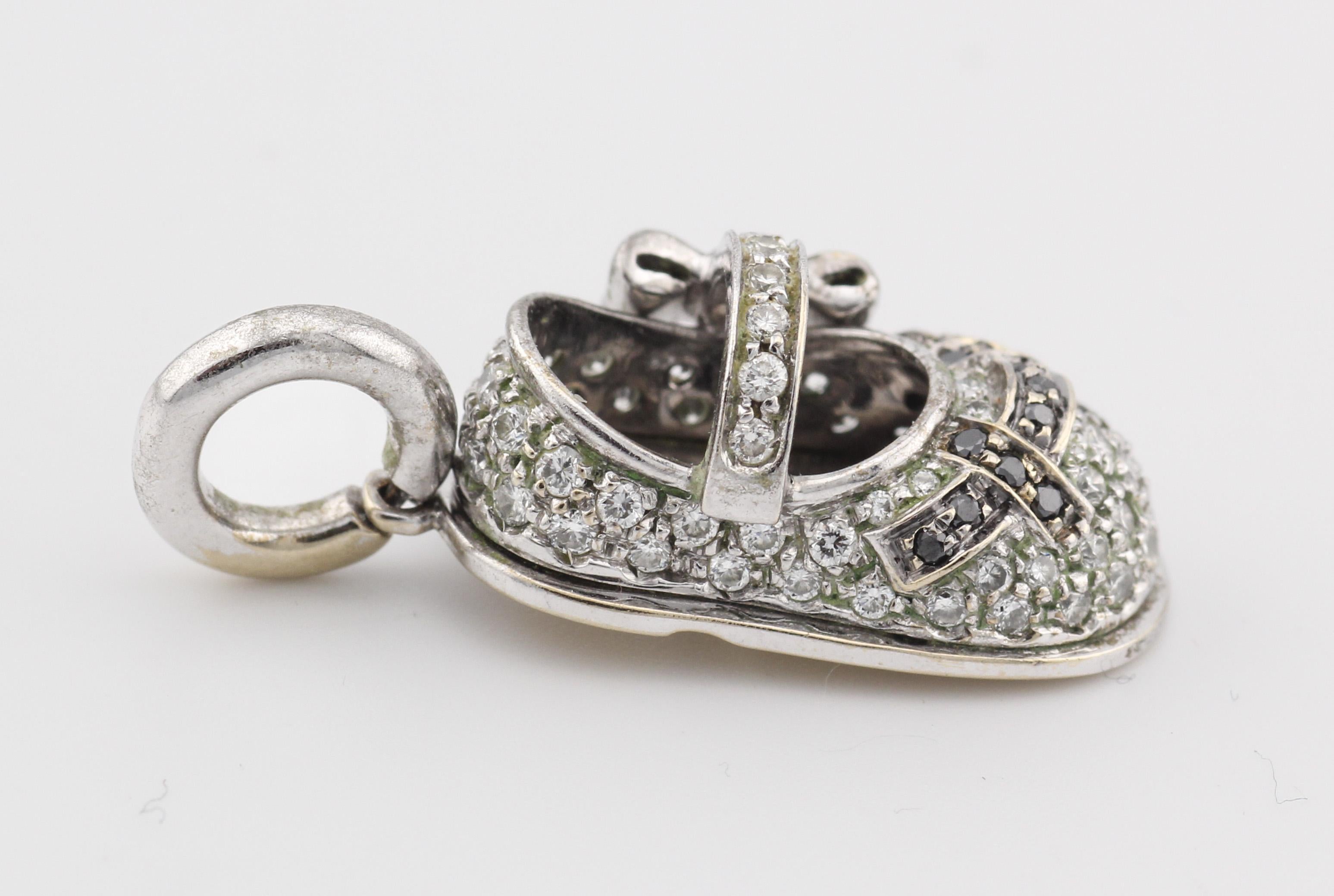 Aaron Basha White and Black Diamond 18K White Gold Baby Shoe Charm Pendant In Good Condition For Sale In Bellmore, NY