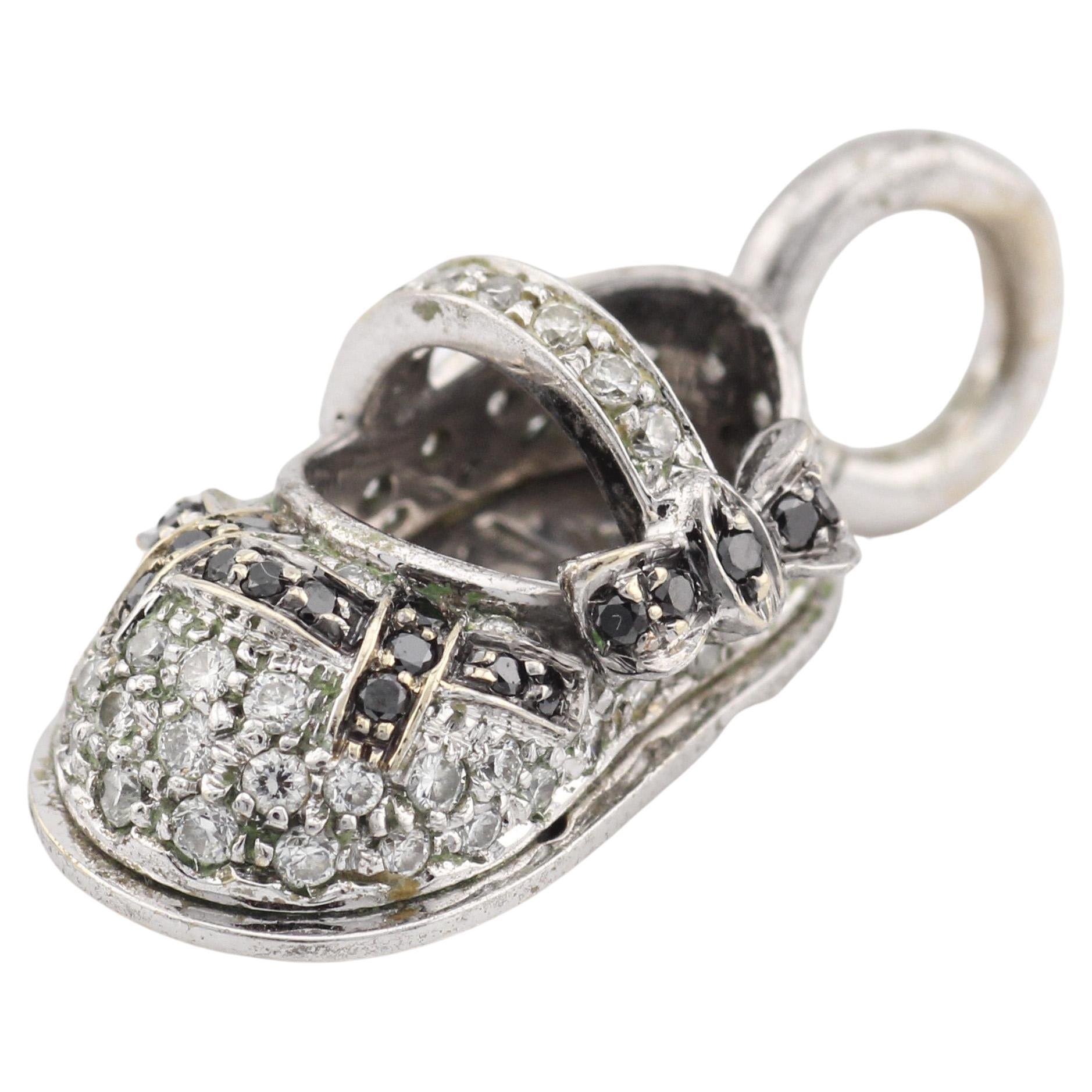 Aaron Basha White and Black Diamond 18K White Gold Baby Shoe Charm Pendant For Sale