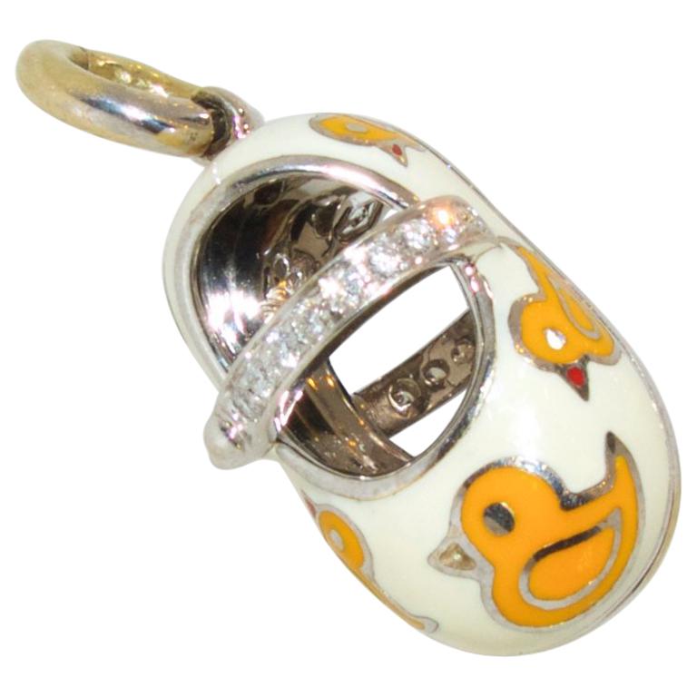 Aaron Basha Yellow Enamel and Diamond Baby Shoe Pendant