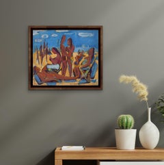 Quadro astratto di Persone sulla spiaggia olio su tela 1950-1960 circa New York