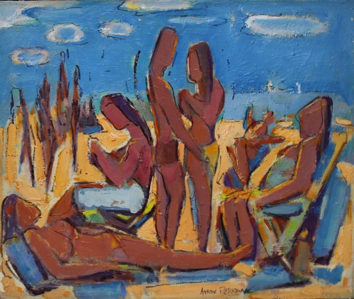 Abstract painting of People on the Beach oil on canvas circa 1950-1960 New York - Painting by Aaron Berkman