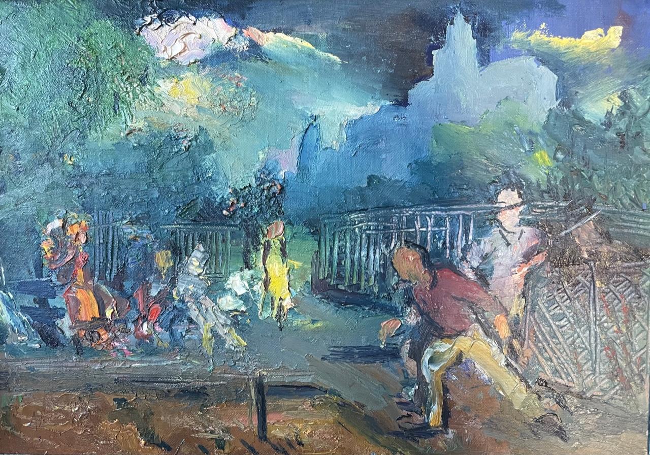 People Lawn Bowling in Central Park New York City 1950 oil/canvas NYC blue green - American Modern Painting by Aaron Berkman