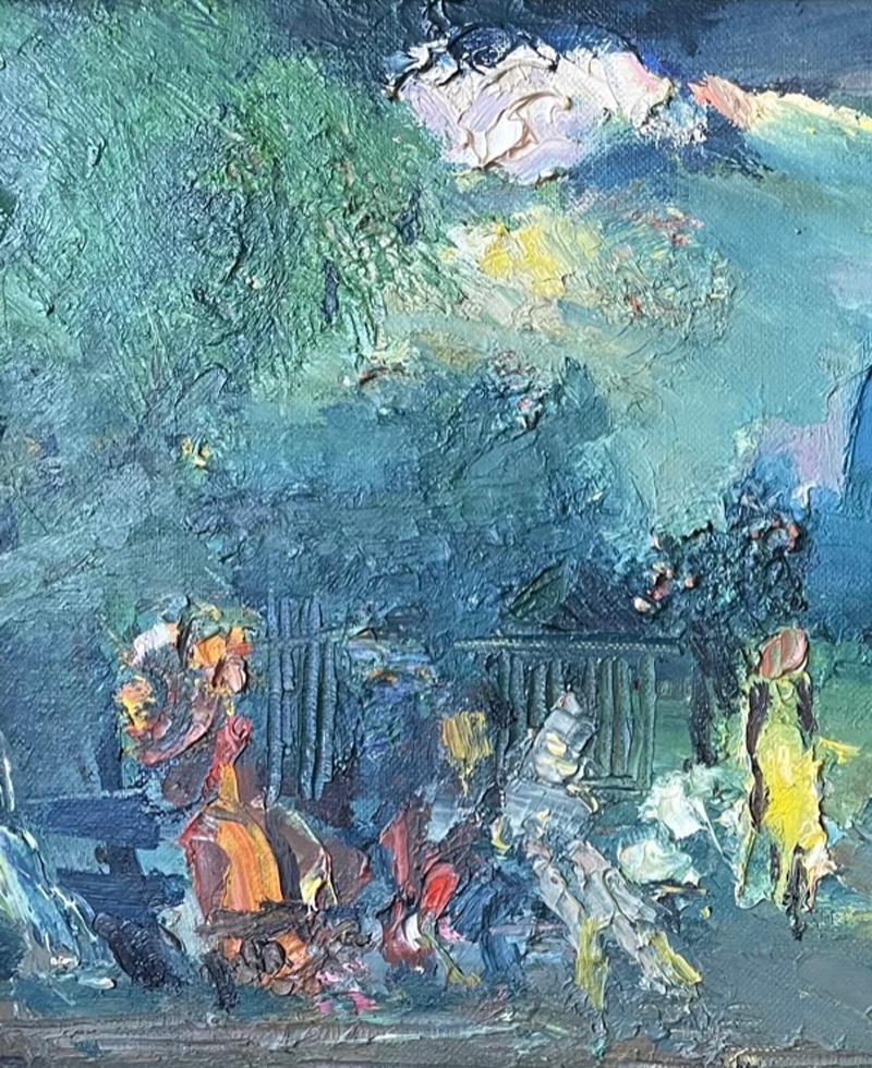 People Lawn Bowling in Central Park New York City 1950 oil/canvas NYC blue green For Sale 2