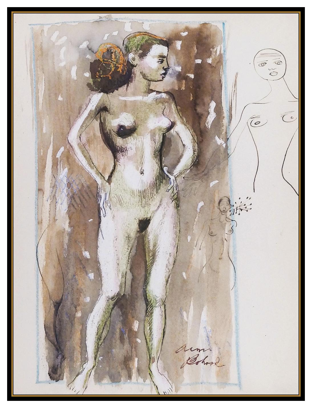 Aaron Bohrod Original Watercolor Painting Signed Nude Female Portrait Framed Art For Sale 1