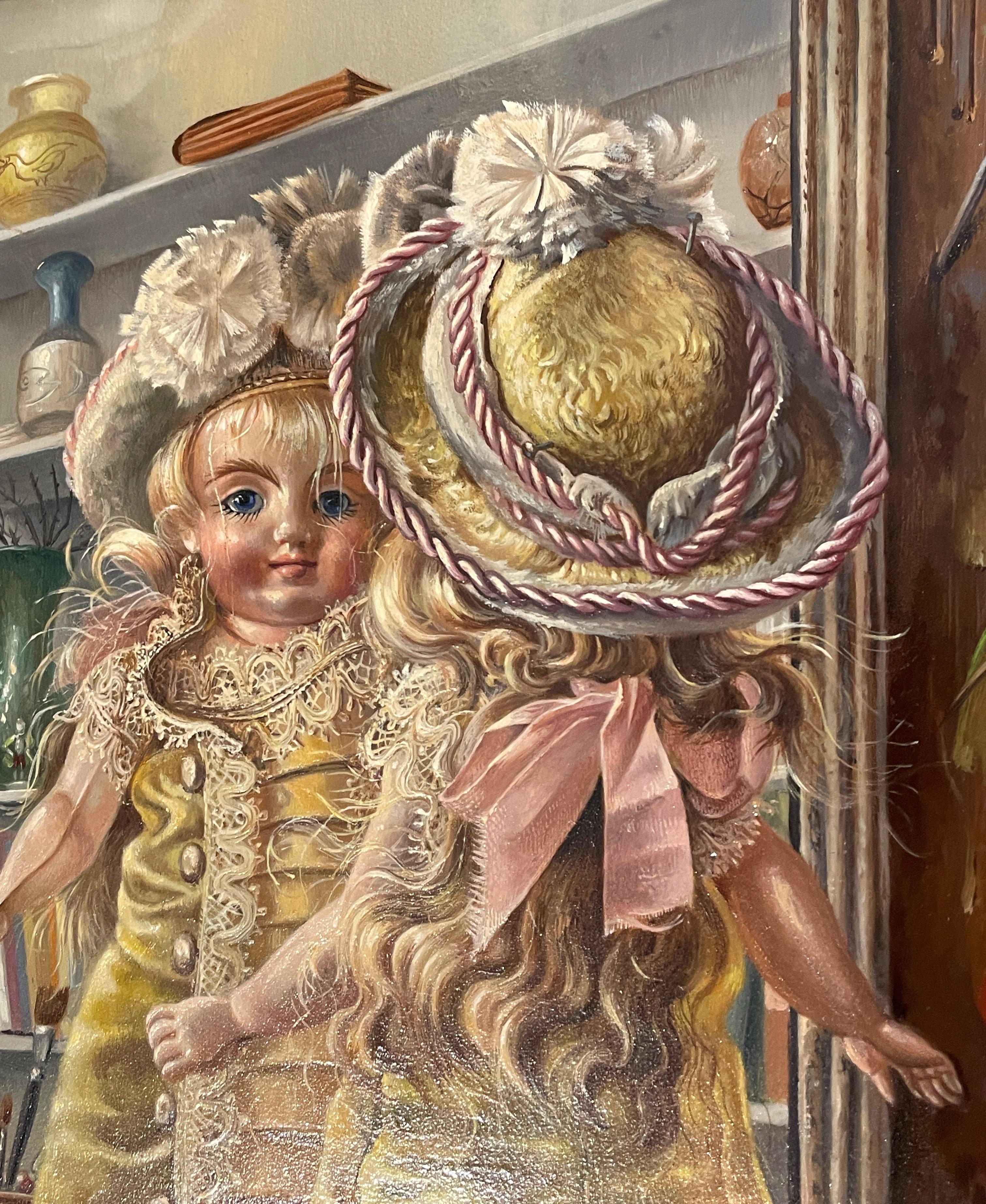 Aaron Bohrod
Doll in Mirror
Signed lower left
Oil on gesso board
10 1/2 x 8 1/2 inches

Provenance:
The artist
Hammer Galleries, New York
Private Collection, West Bloomfield, Michigan

Known for a range of work in watercolor and gouache that