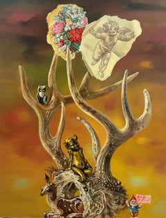 "Faune et fauve" Aaron Bohrod, Nature morte réaliste, cerf et putti