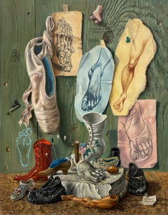 "Footnotes" Aaron Bohrod, Pun Humour, Chaussures, Nature morte réaliste en trompe l'Oeil