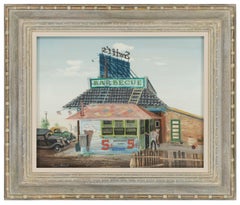 Used Gouache on Board Painting Titled "Barbecue Stand", by Aaron Bohrod, circa 1935