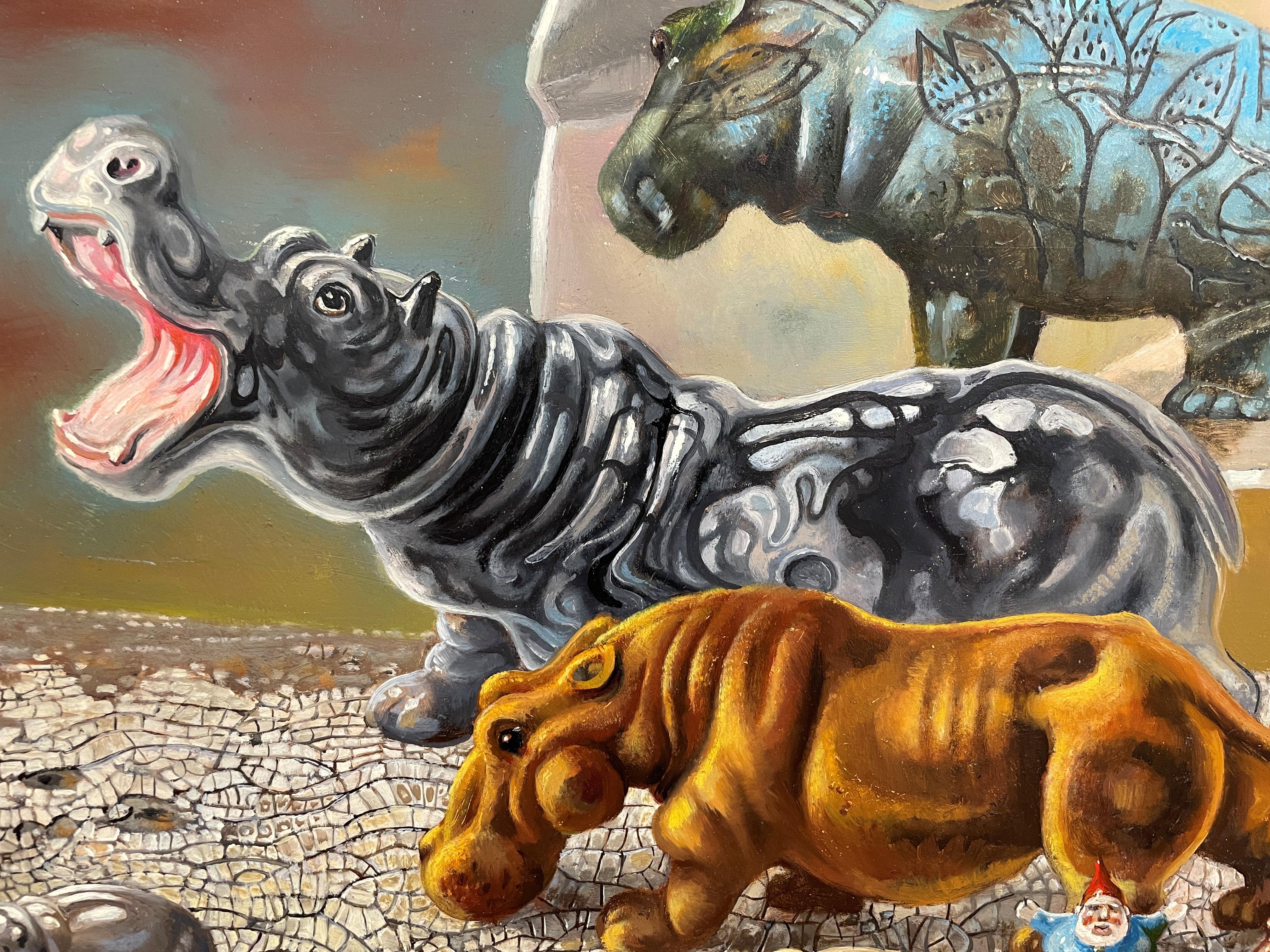 „Hippopotami“ Aaron Bohrod, Pun Humor, Afrikanische Safari, Realismus-Stillleben im Angebot 3