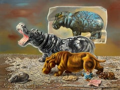 Vintage "Hippopotami" Aaron Bohrod, Pun Humor, African Safari, Realism Still Life