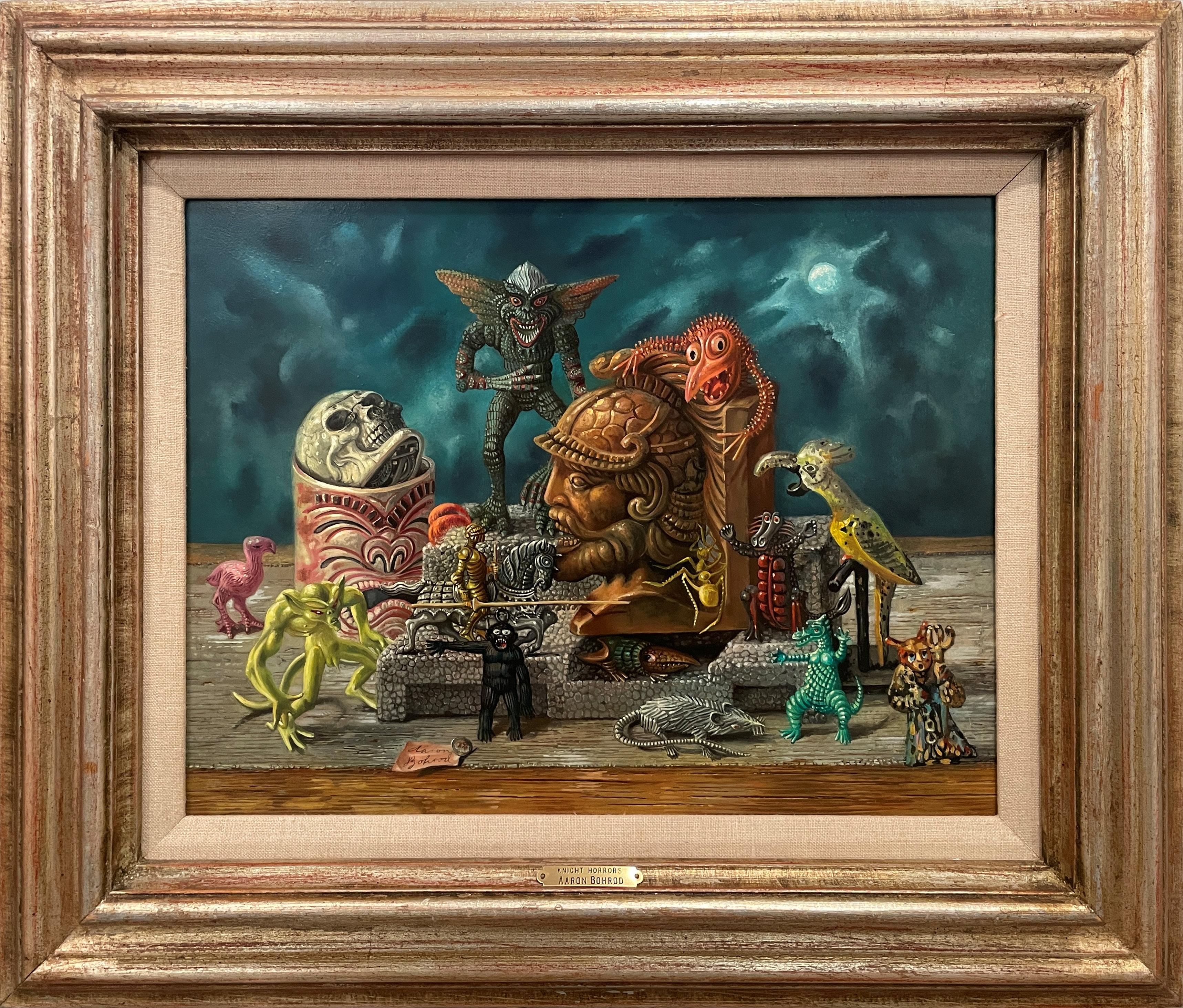 Aaron Bohrod
Knight Horrors, 1985
Signed lower left
Oil on gesso panel
12 x 16 inches

Aaron Bohrod's work has not been limited to one style or medium. Initially recognized as a regionalist painter of American scenes, particularly of his native