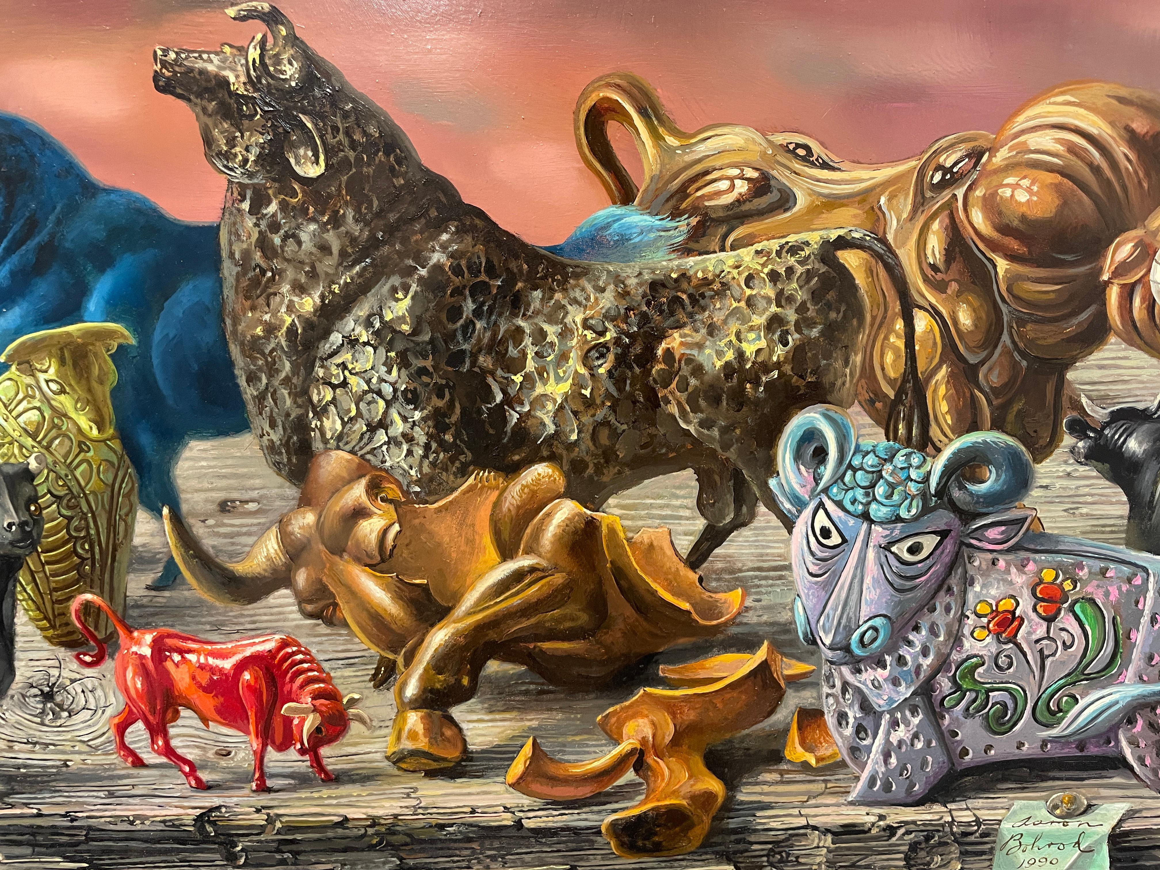 „Multibulls“ Aaron Bohrod, Pun Humor, magischer Realismus, Stillleben mit Kühen und Tieren im Angebot 3