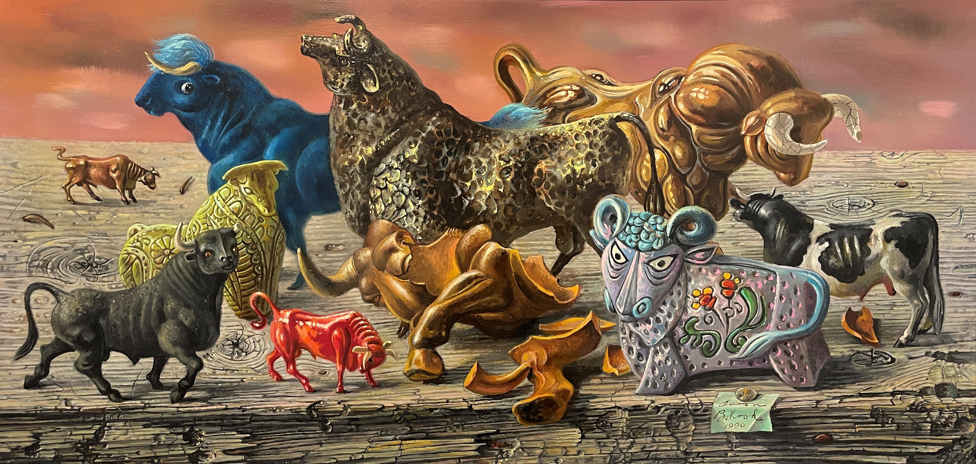 „Multibulls“ Aaron Bohrod, Pun Humor, magischer Realismus, Stillleben mit Kühen und Tieren