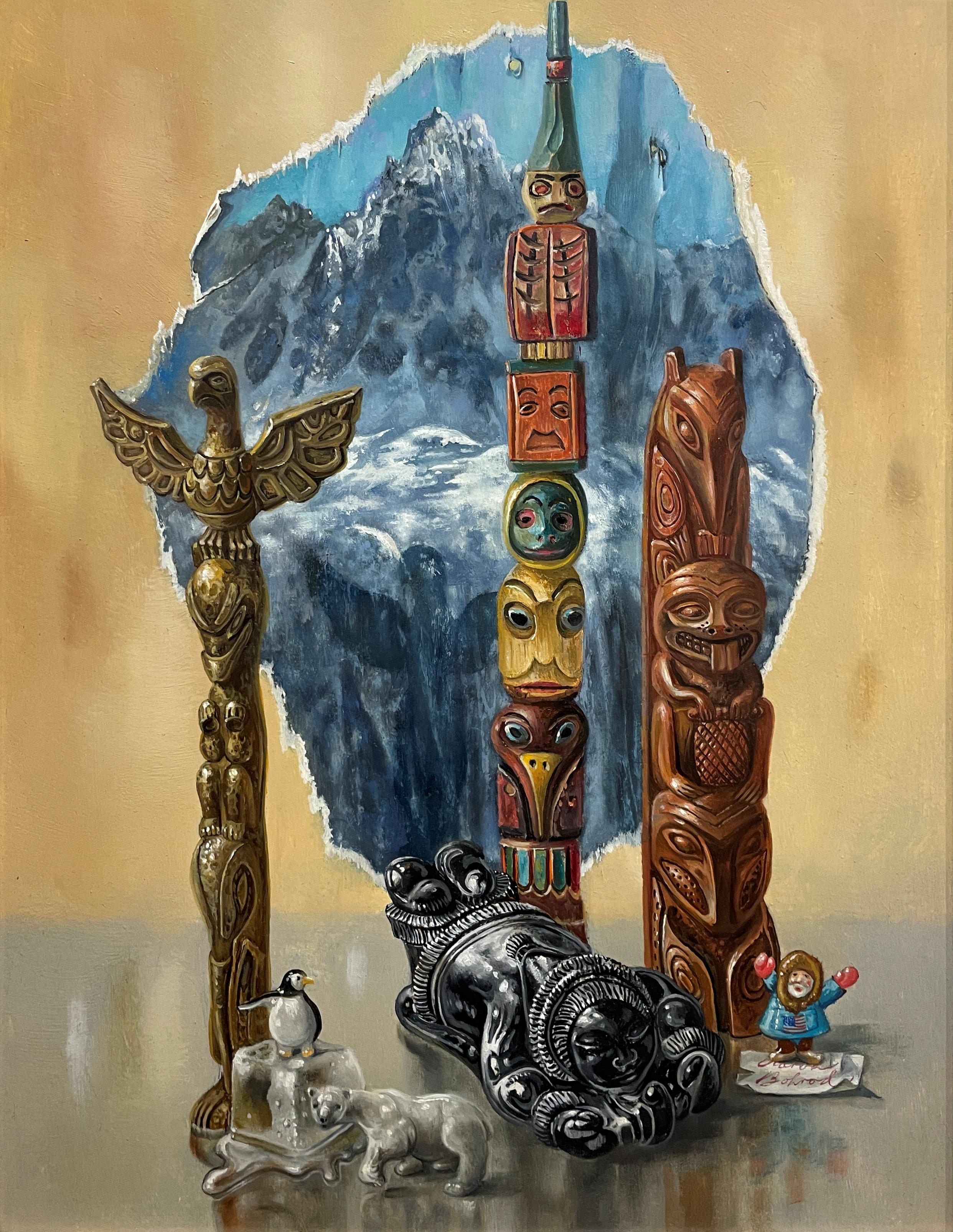 Aaron Bohrod
Gegenstände der Arktis, 1987
Signiert unten rechts
Öl auf Gessokarton
14 x 11 Zoll

Aaron Bohrods Arbeit ist nicht auf einen Stil oder ein Medium beschränkt. Zunächst als regionalistischer Maler amerikanischer Szenen, insbesondere aus