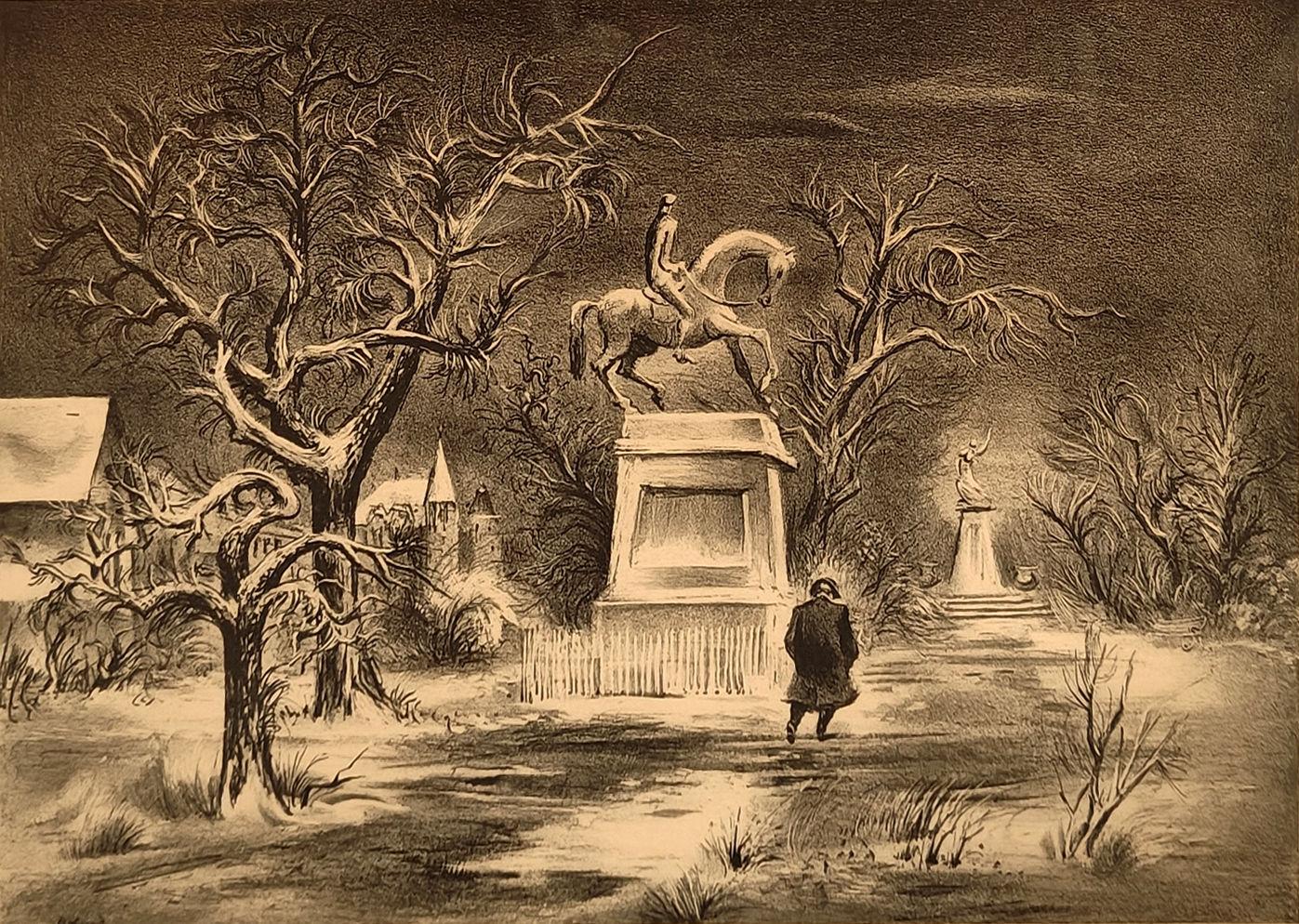Aaron Bohrod
City Park, Winter, circa 1945
Signed in pencil lower right margin
Lithograph on wove paper
Image 9 1/2 x 13 1/2 inches
From the edition of 250


Aaron Bohrod's work has not been limited to one style or medium. Initially recognized as a