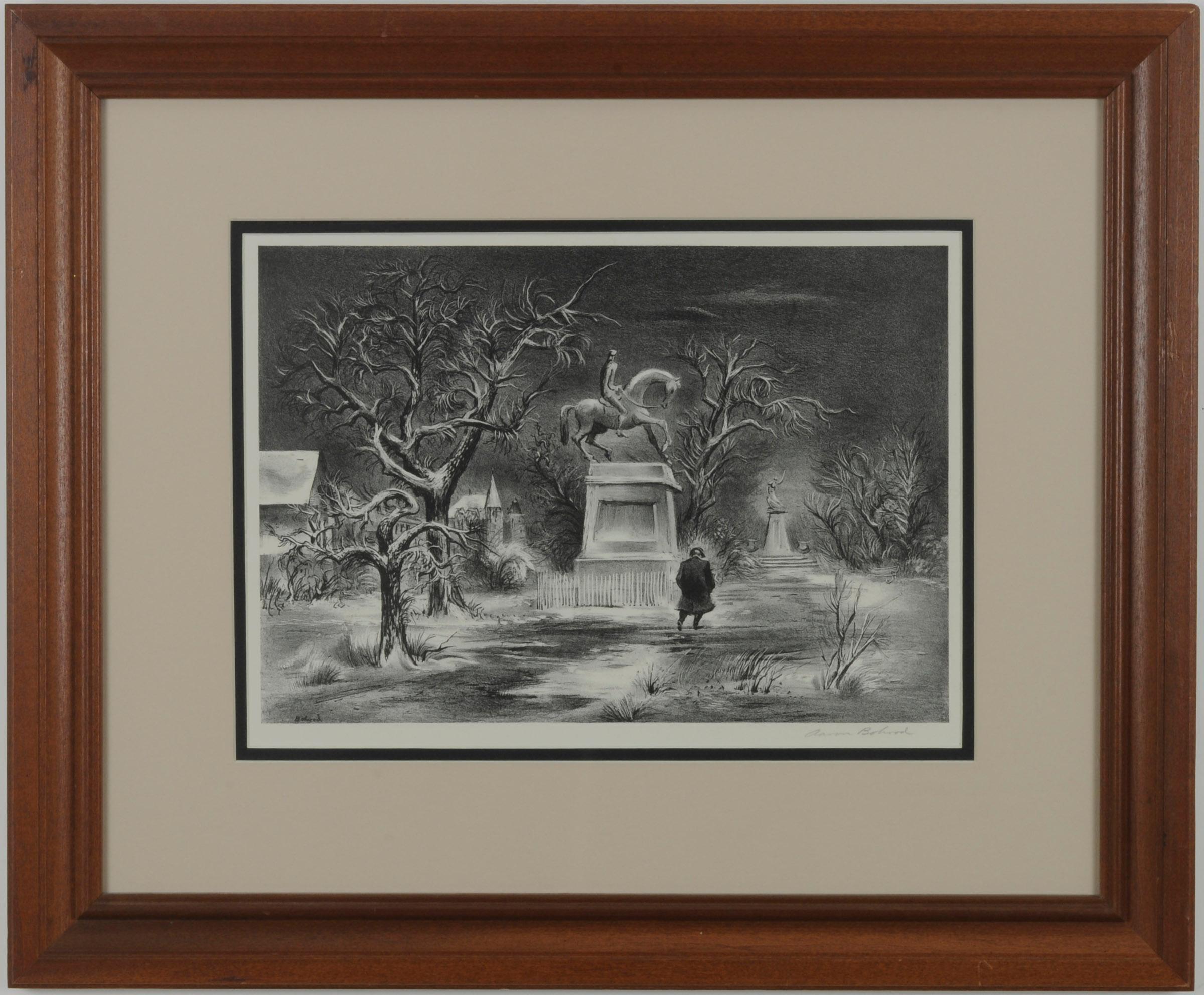 City Park, Winter
Lithograph, c. 1947
Signed in pencil lower right (see photo)
Published by Associated American Artists
Printed by George C. Miller, New York
Edition: c. 250
In the Bohrod papers at Syracuse University, the artist states that it is a