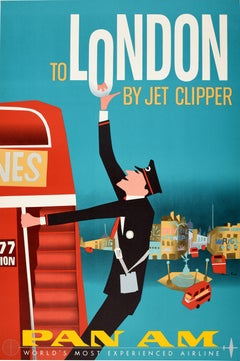 Affiche vintage originale du milieu du siècle dernier Pan Am de Londres par Jet Clipper:: Bus Piccadilly