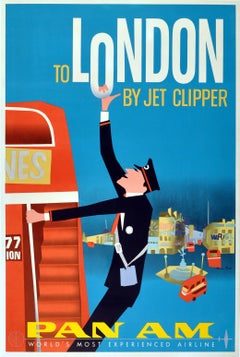 Original Vintage Midcentury Design Pan Am Travel Poster To London By Jet Clipper