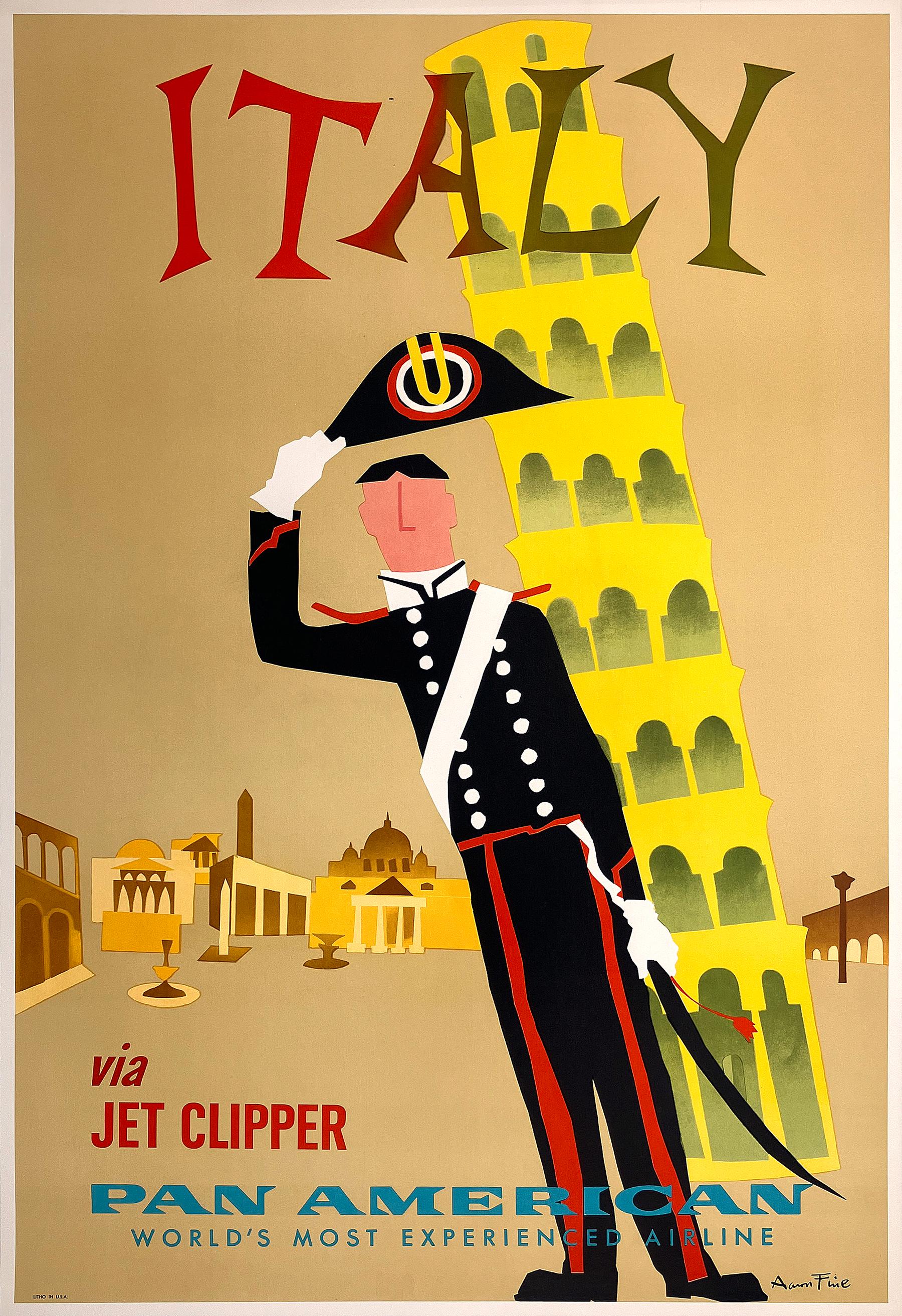 In this vibrant poster titled "Italy via Jet Clipper," Aaron Fine captures the allure of Italian culture through the depiction of a Carabinieri officer in ceremonial uniform, saluting against a backdrop featuring the Leaning Tower of Pisa and other