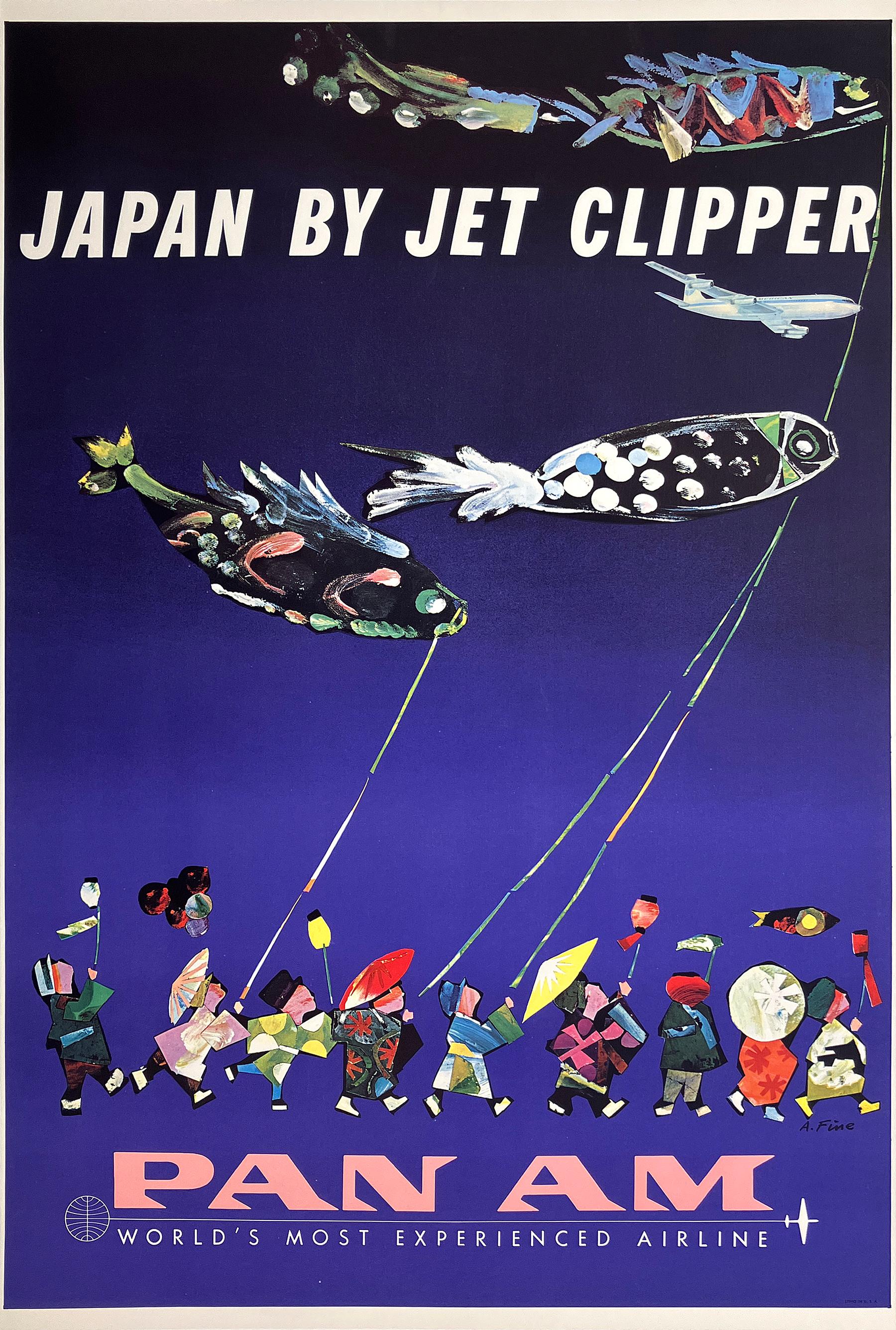 This original 1960s Pan American World Airways poster, titled "Japan by Jet Clipper," was created by artist Aaron Fine. The artwork features a vibrant depiction of a traditional Japanese festival, with costumed participants flying colorful