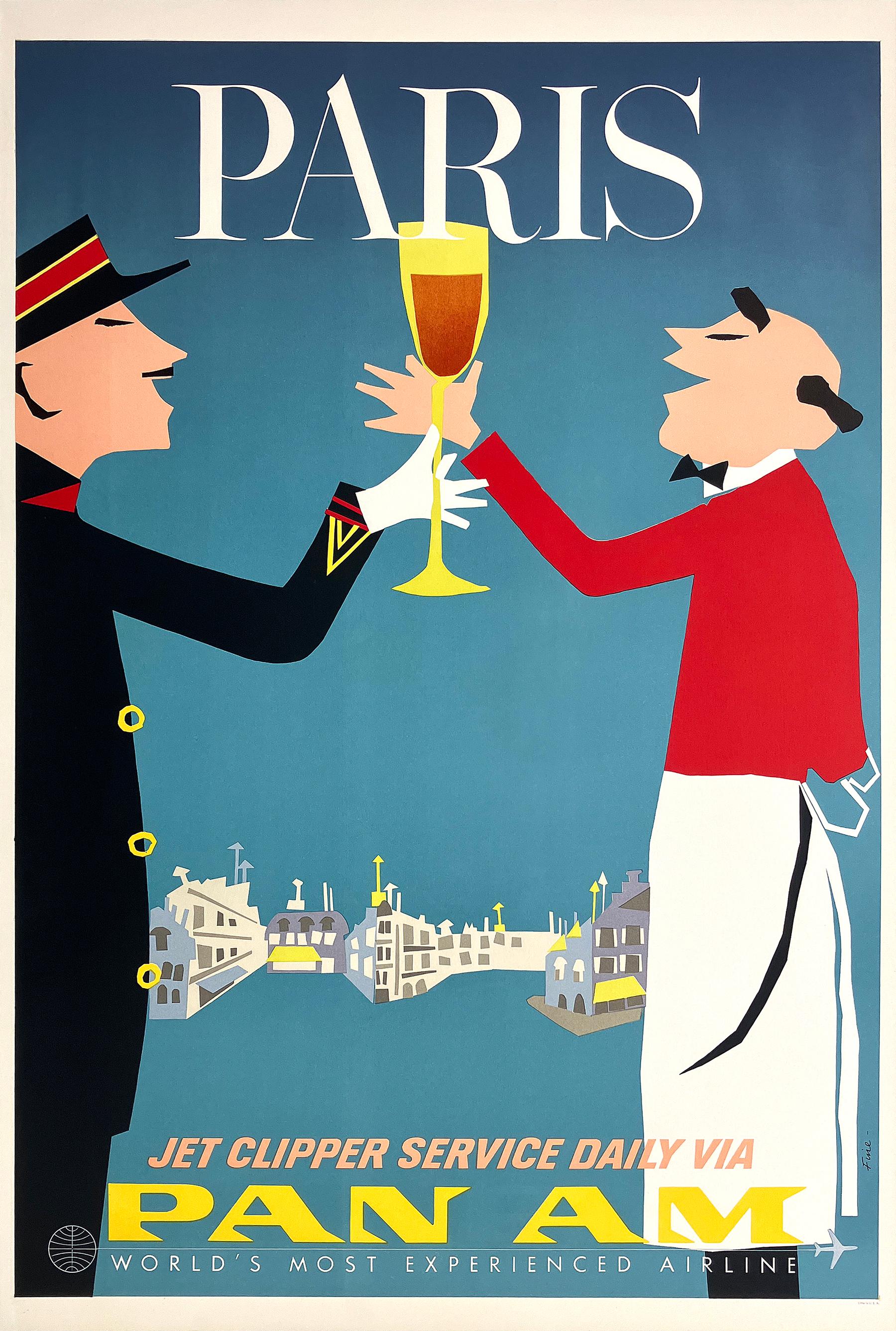 This original 1960'S Pan American World Airways poster, titled "Paris", was created by artist Aaron Fine. The artwork features a stylized depiction of a Parisian waiter and a uniformed doorman toasting with a glass of champagne, set against a