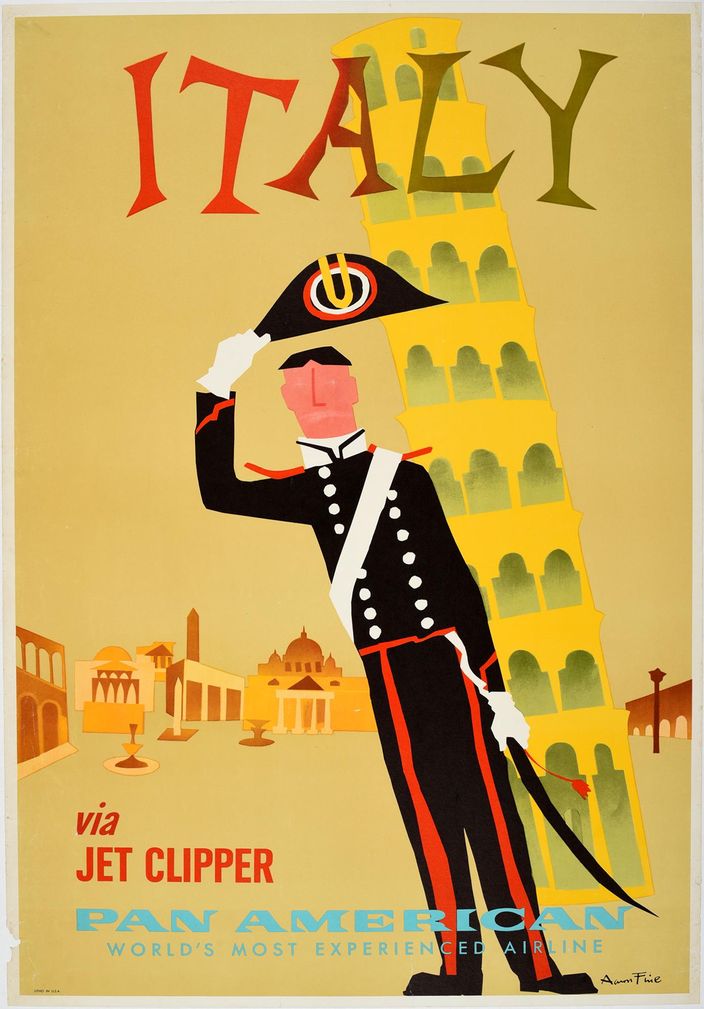 Aaron Fine Print - Vintage Mid Century Pan Am Poster Leaning Tower Of Pisa Italy Via Jet Clipper