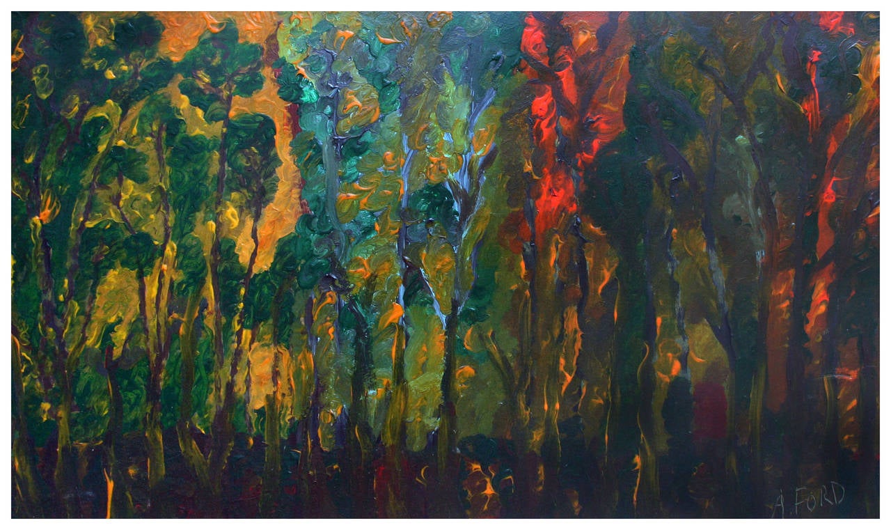 Eucalyptus Trees, Modern Fauvist Forest Landscape - Painting by Aaron Ford