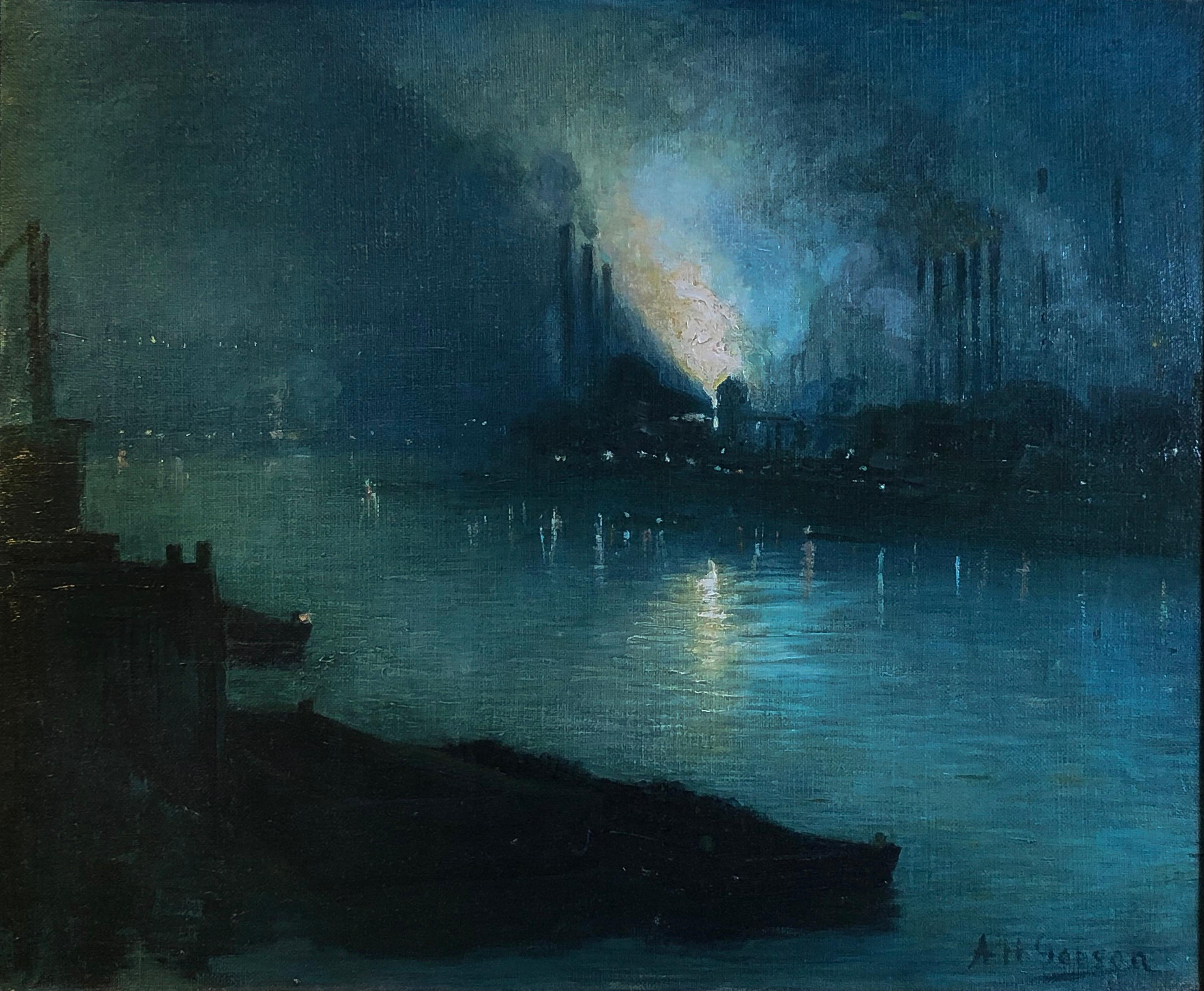 Aaron Gorson Landscape Painting - Pittsburgh Steel Mills at Night